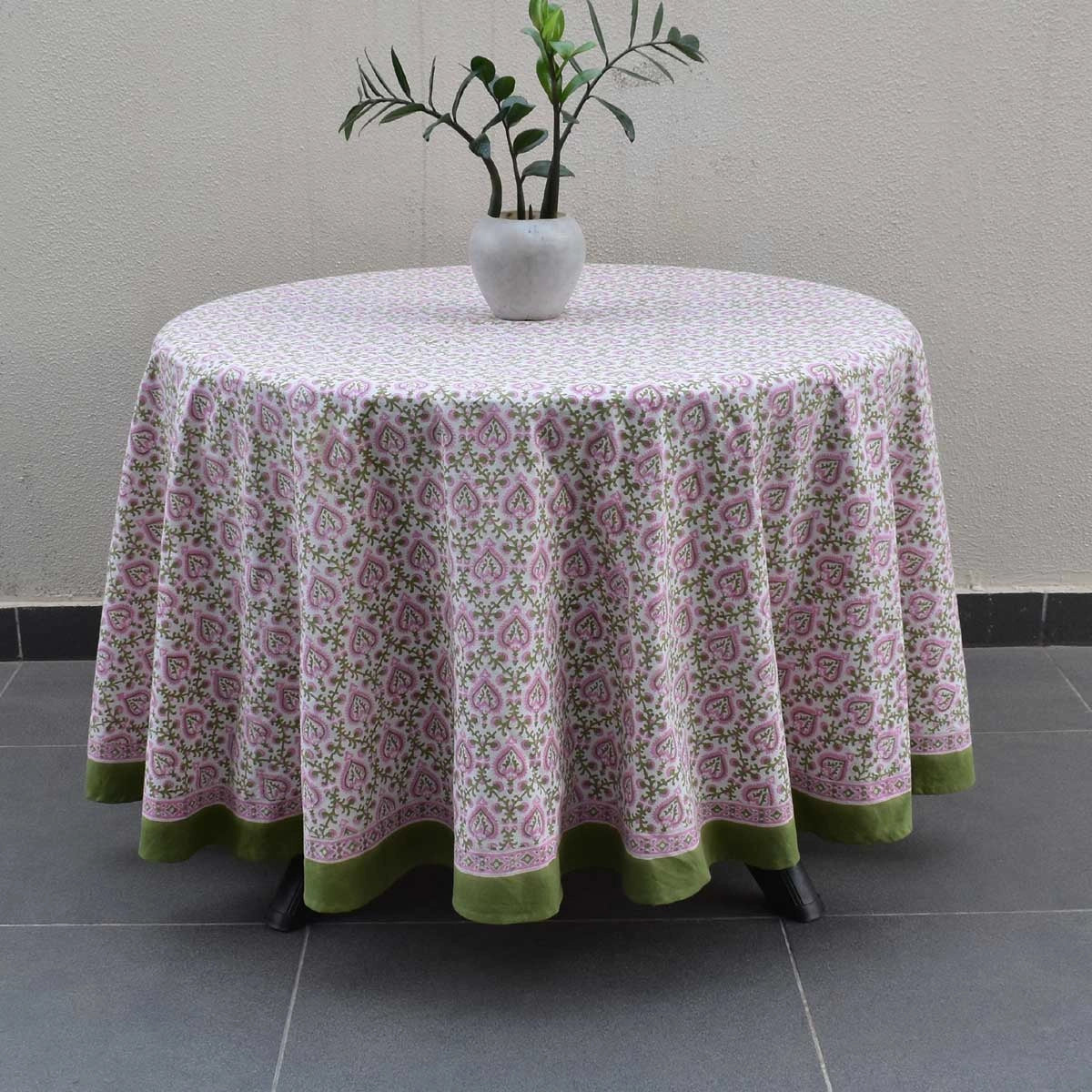 Round 220 cms Cotton French Design Table Cover | Mughal Pink Green 202520