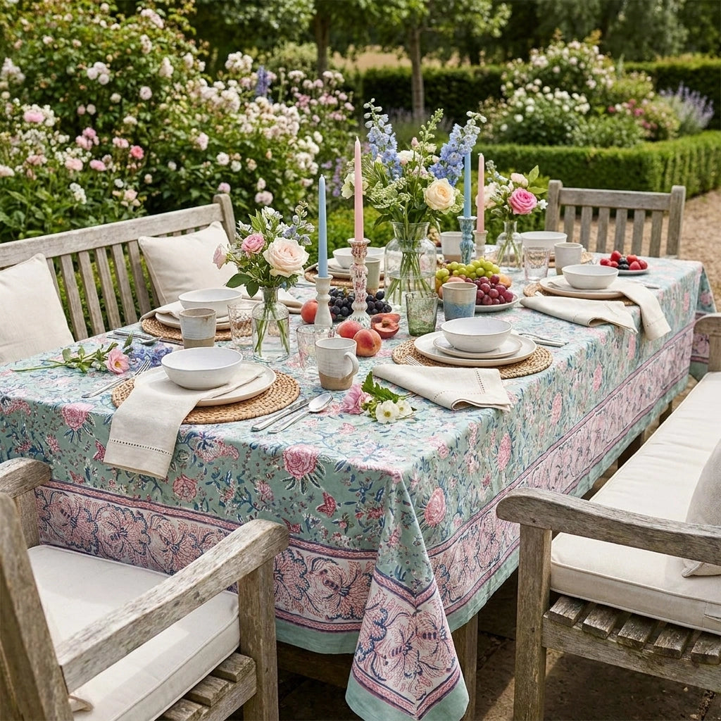 A rectangular outdoor dining table set in a garden with a light blue floral tablecloth, white plates, folded cream napkins, glassware, and floral centerpieces. Wooden dining chairs with white cushions surround the table, and a lush garden with pink and white flowers is visible in the background.