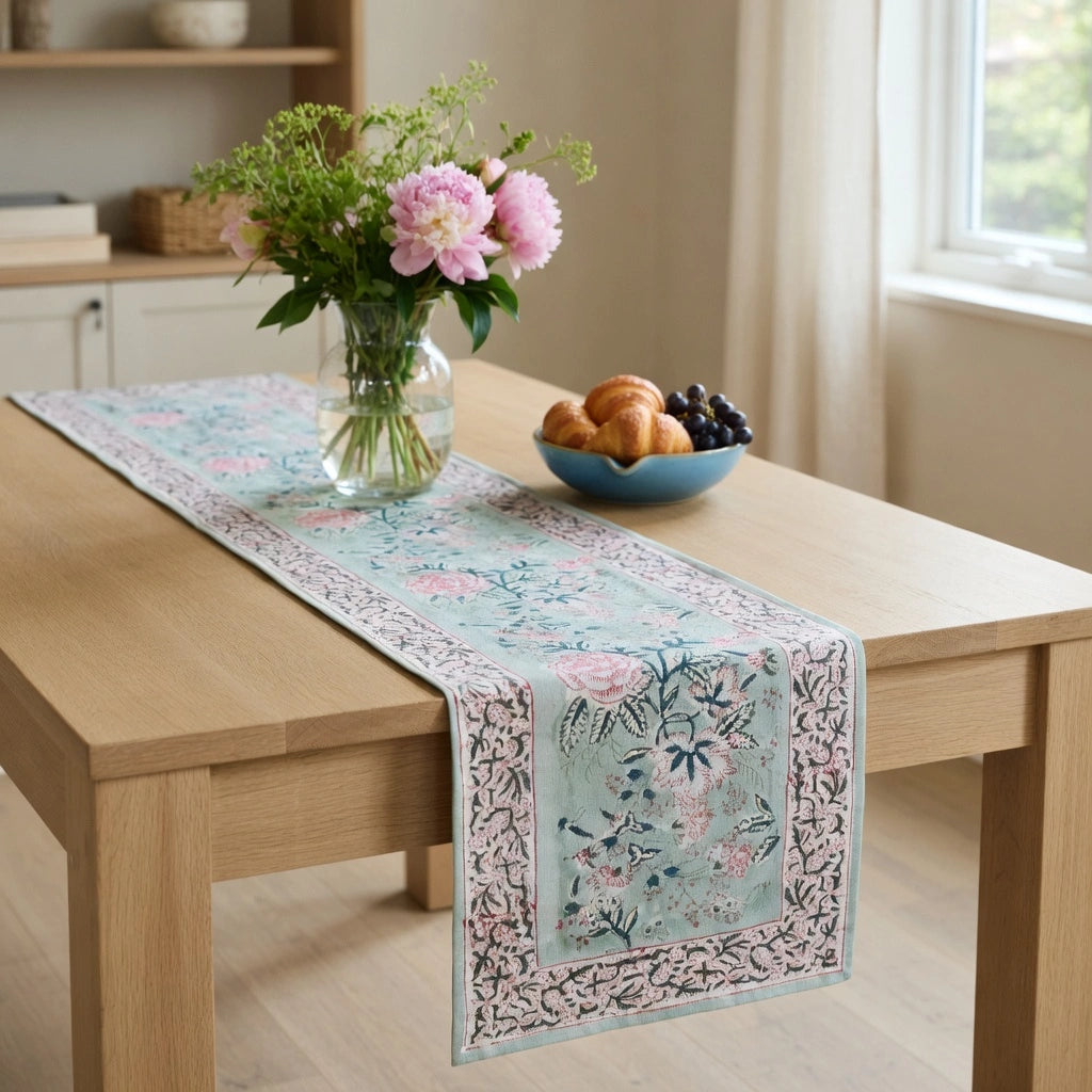A rectangular table runner with a light blue background and pink floral patterns is styled on a light wood dining table. The runner features a decorative border and is shown in a bright, modern dining room setting alongside a vase of pink flowers and a bowl of fruit.