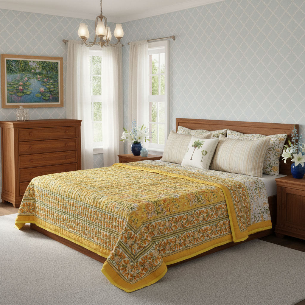 Soft Voile Cotton Reversible Throw | Naya Gulab Mustard 620634