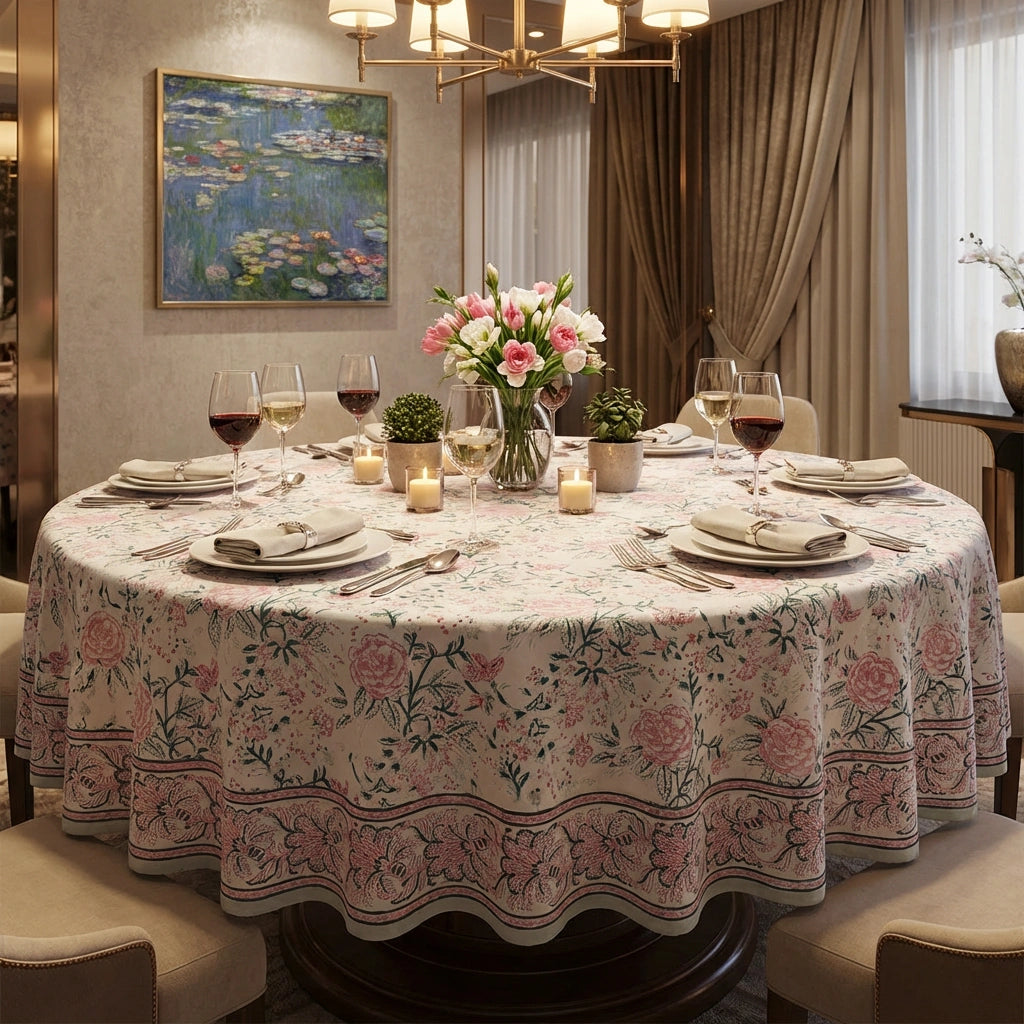 A round dining table set for six with a pink and green floral tablecloth, white plates, folded napkins, wine glasses, and a vase of pink and white flowers in a warmly lit dining room.
