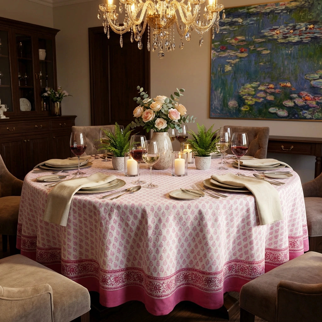 A round dining table set for six with a pink and white patterned tablecloth, white plates, wine glasses, candles, and green plants, in a warmly lit dining room with a chandelier and a lily pond painting on the wall.