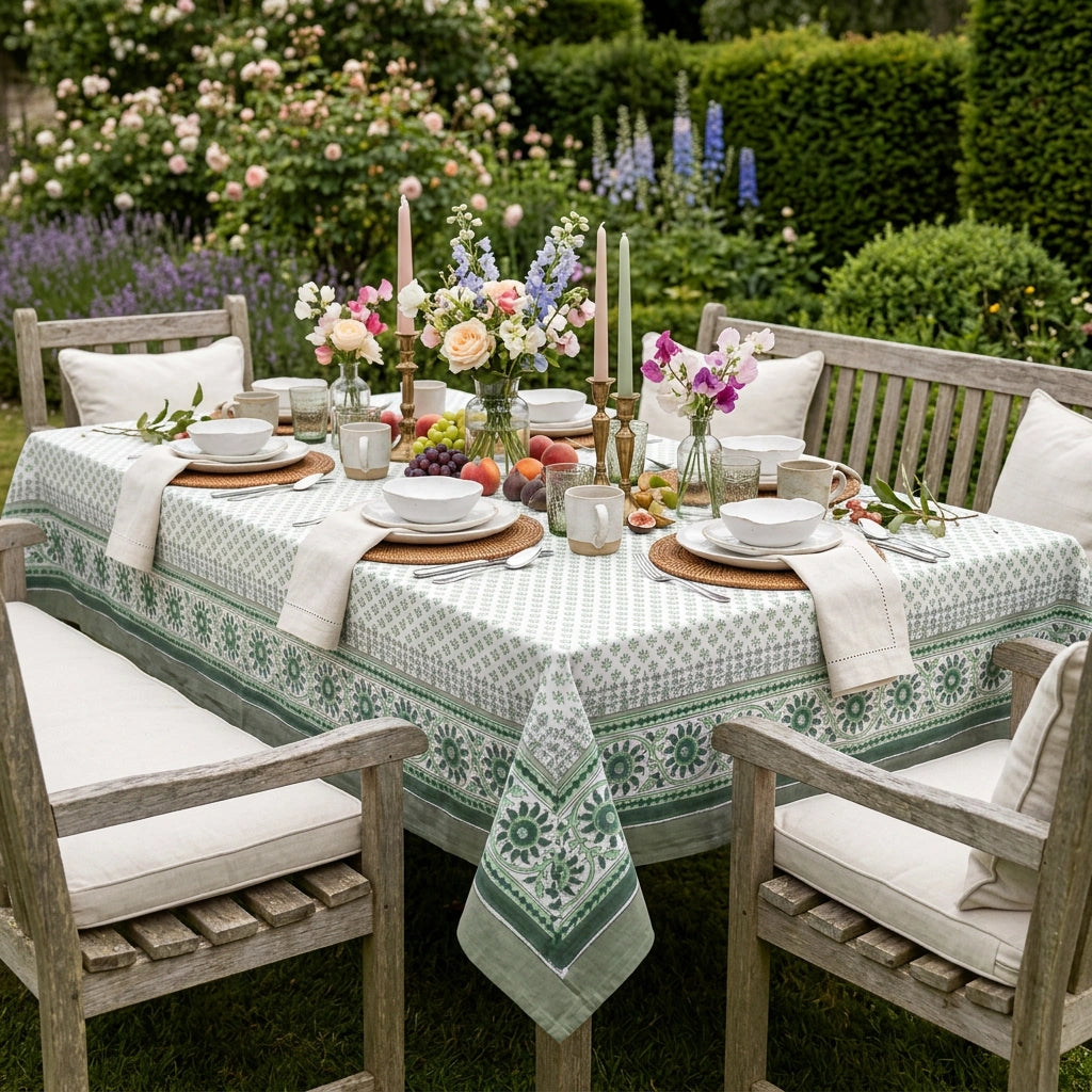 A green and white patterned tablecloth with matching napkins is set on a wooden dining table in a garden patio setting, surrounded by wooden chairs, white plates, and floral arrangements.