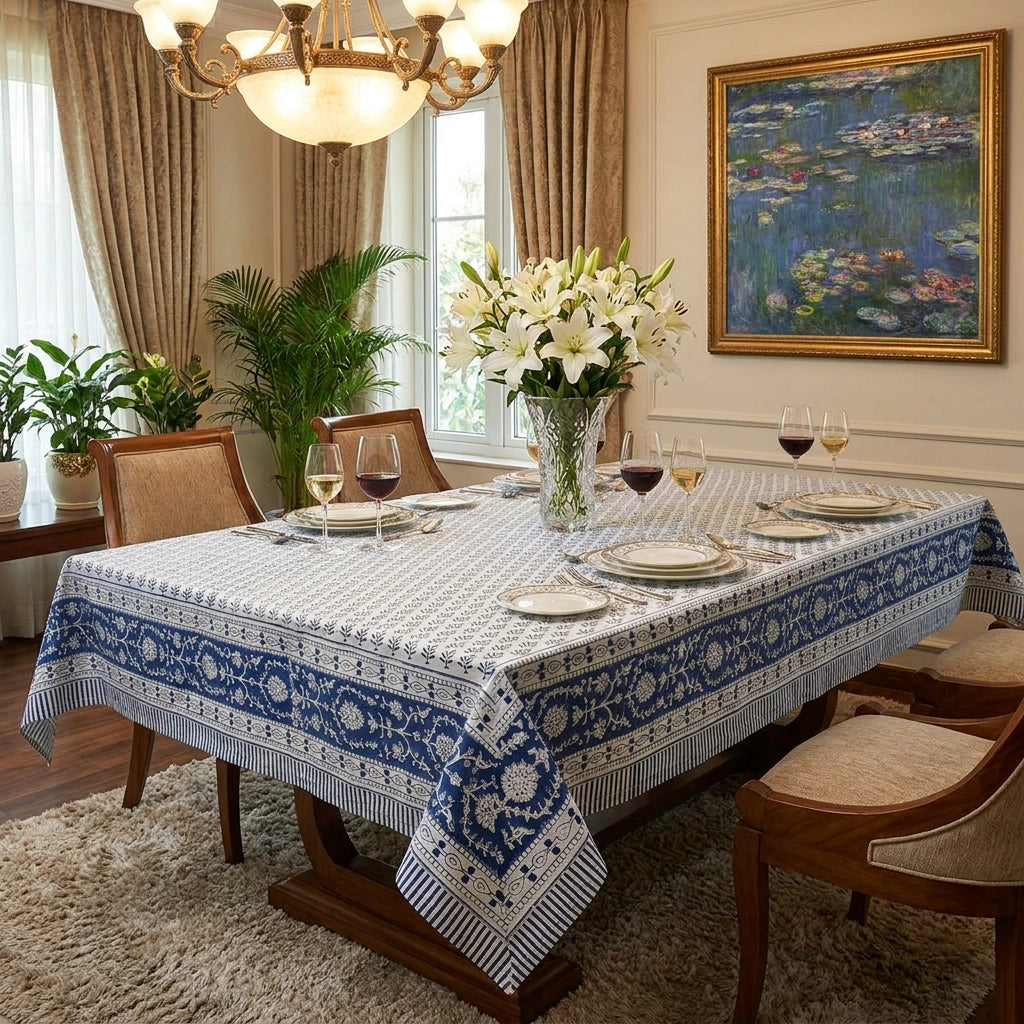 Hand Block Printed Cotton Tablecloth 150x220 cms | Neem Navy Blue 208336