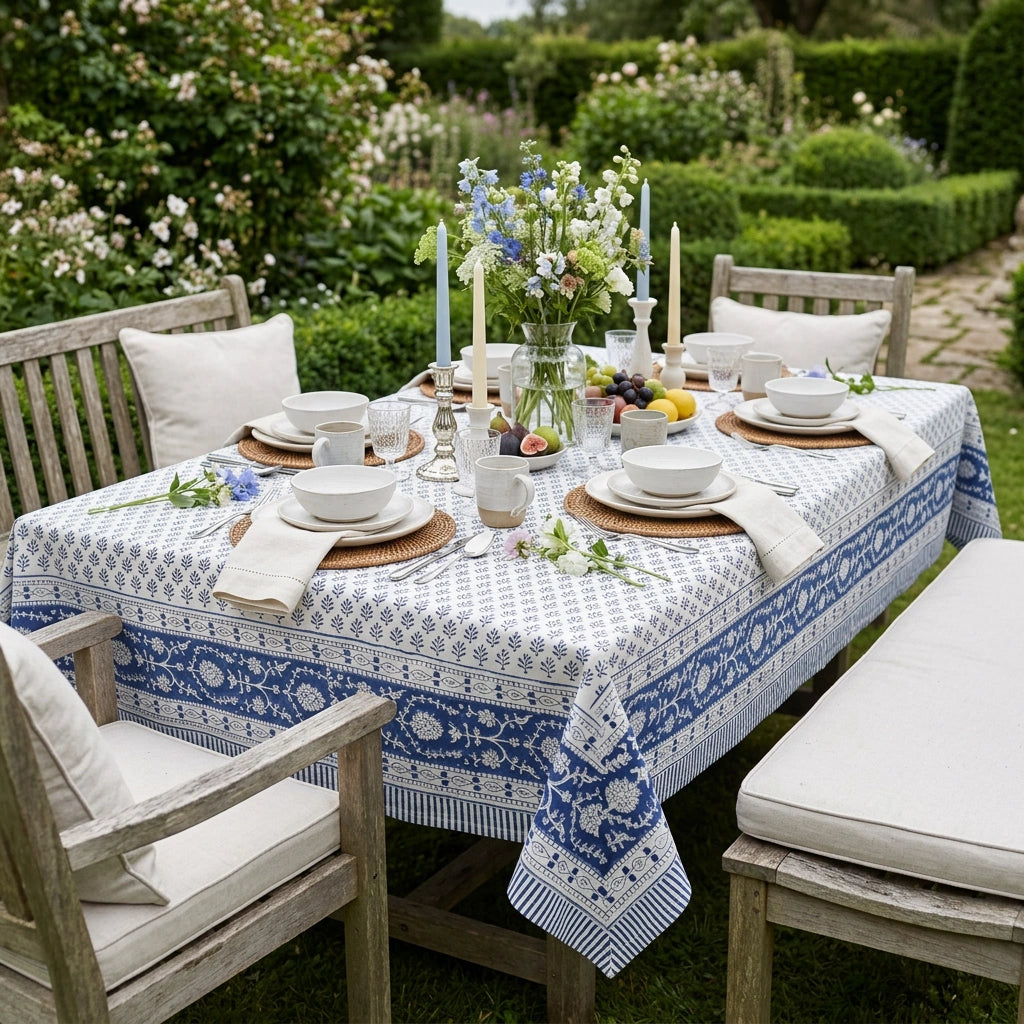 A blue and white patterned tablecloth with a floral border is styled on an outdoor wooden dining table set with white plates, folded cream napkins, glassware, and a floral centerpiece in a lush garden setting.