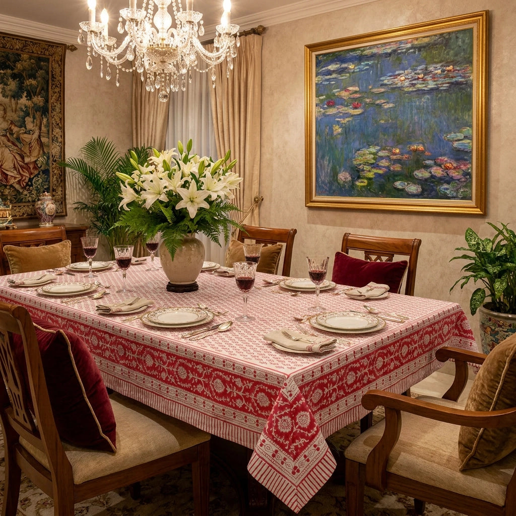 6-8 Seater Large Tablecloth With Floral Prints | Neem Raspberry 204714