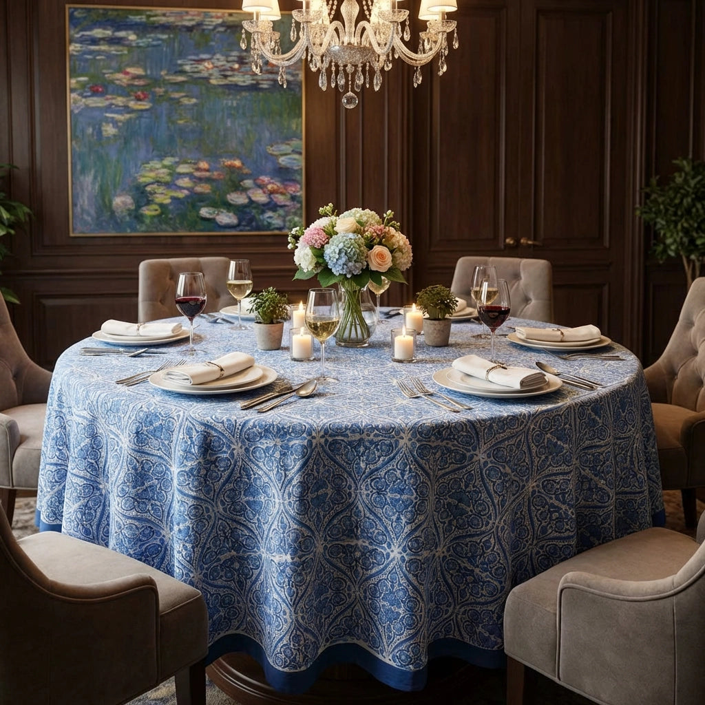 A round dining table set for six with a blue and white patterned tablecloth, white plates, folded napkins, wine glasses, candles, and a floral centerpiece in a dark wood dining room.