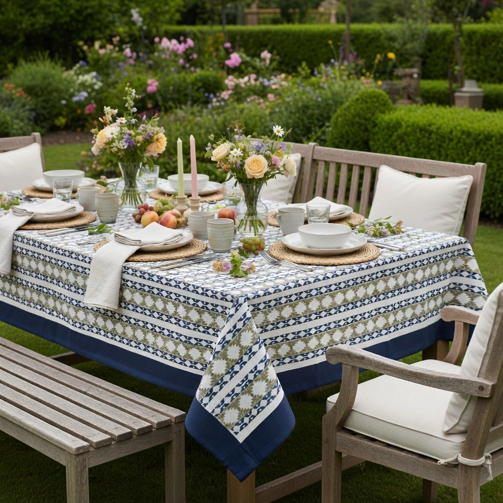 A rectangular outdoor dining table set on a garden lawn, covered with a cream tablecloth featuring a navy blue geometric border and floral motifs. The table is styled with white plates, folded napkins, woven placemats, glass vases with flowers, candles, and fruit, surrounded by wooden garden chairs with white cushions.