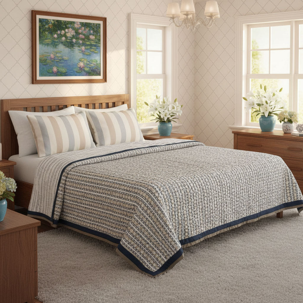 •	Soft MulMul Cotton King Size Quilt | Nordic Blue Greystone Stripe 202527