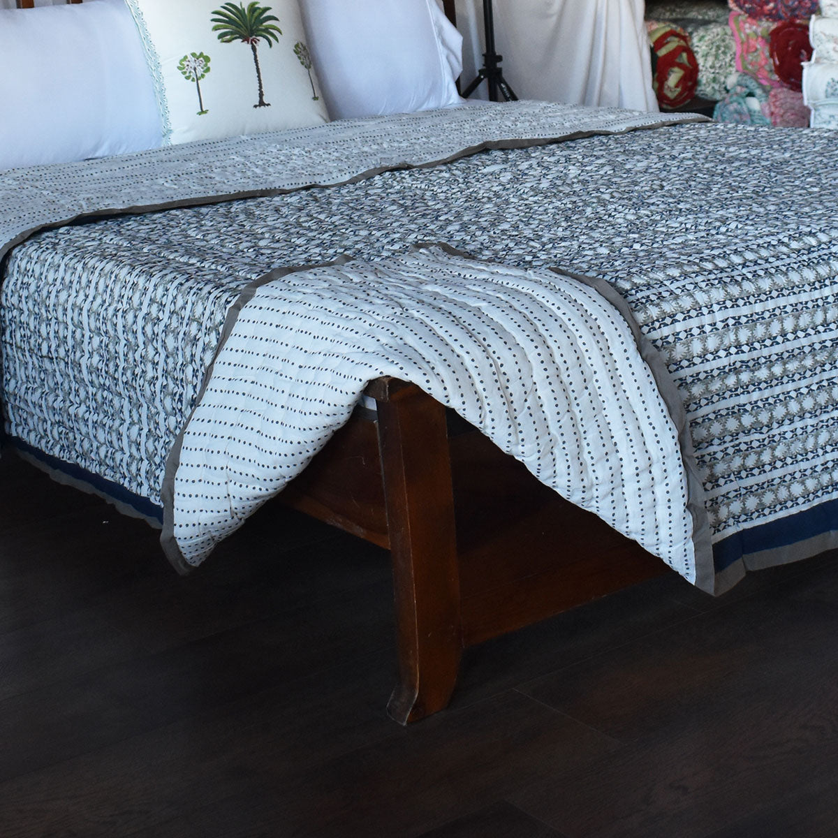 Authentic Jaipuri Razai Medium Size Quilt | Nordic Blue Greystone Stripe