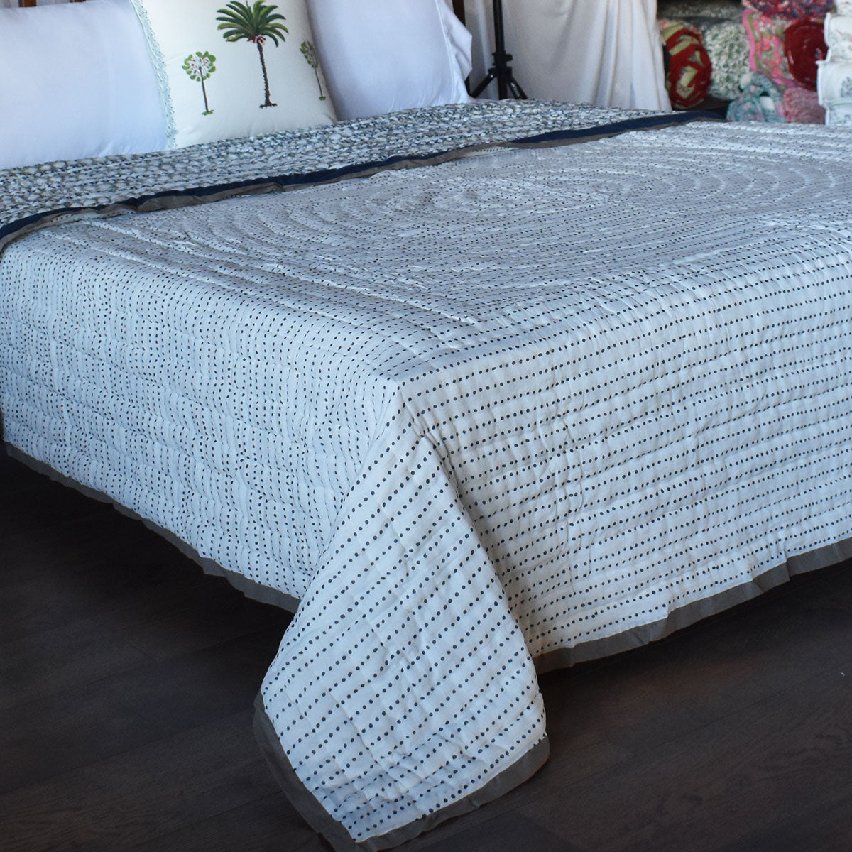 Authentic Jaipuri Razai Medium Size Quilt | Nordic Blue Greystone Stripe