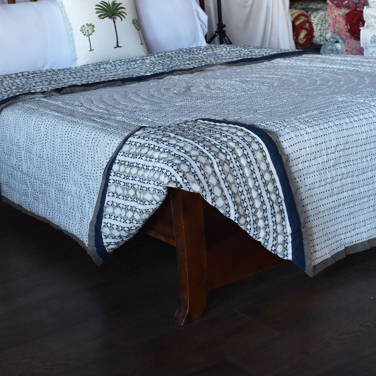 Authentic Jaipuri Razai Medium Size Quilt | Nordic Blue Greystone Stripe