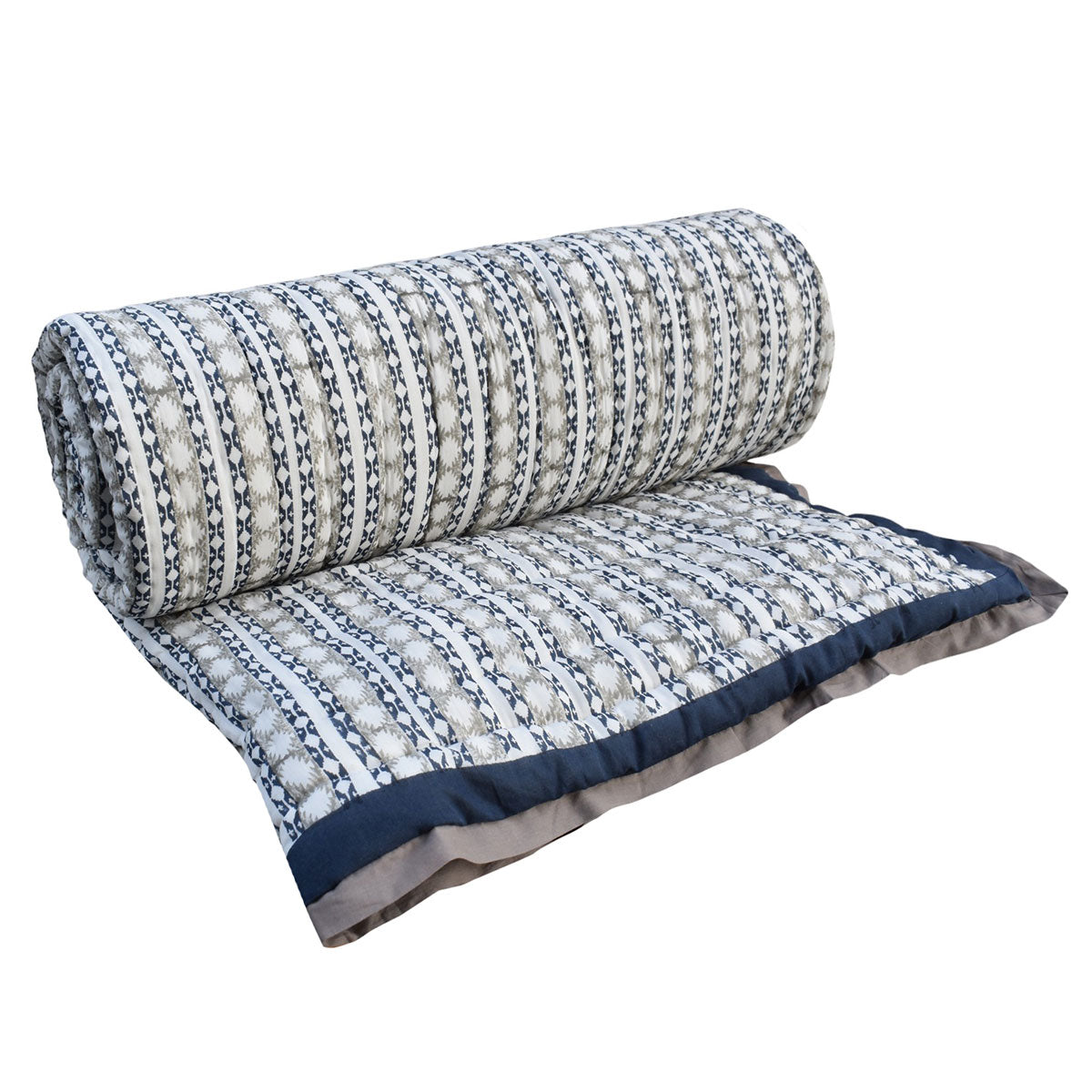 •	Soft MulMul Cotton King Size Quilt | Nordic Blue Greystone Stripe 202527