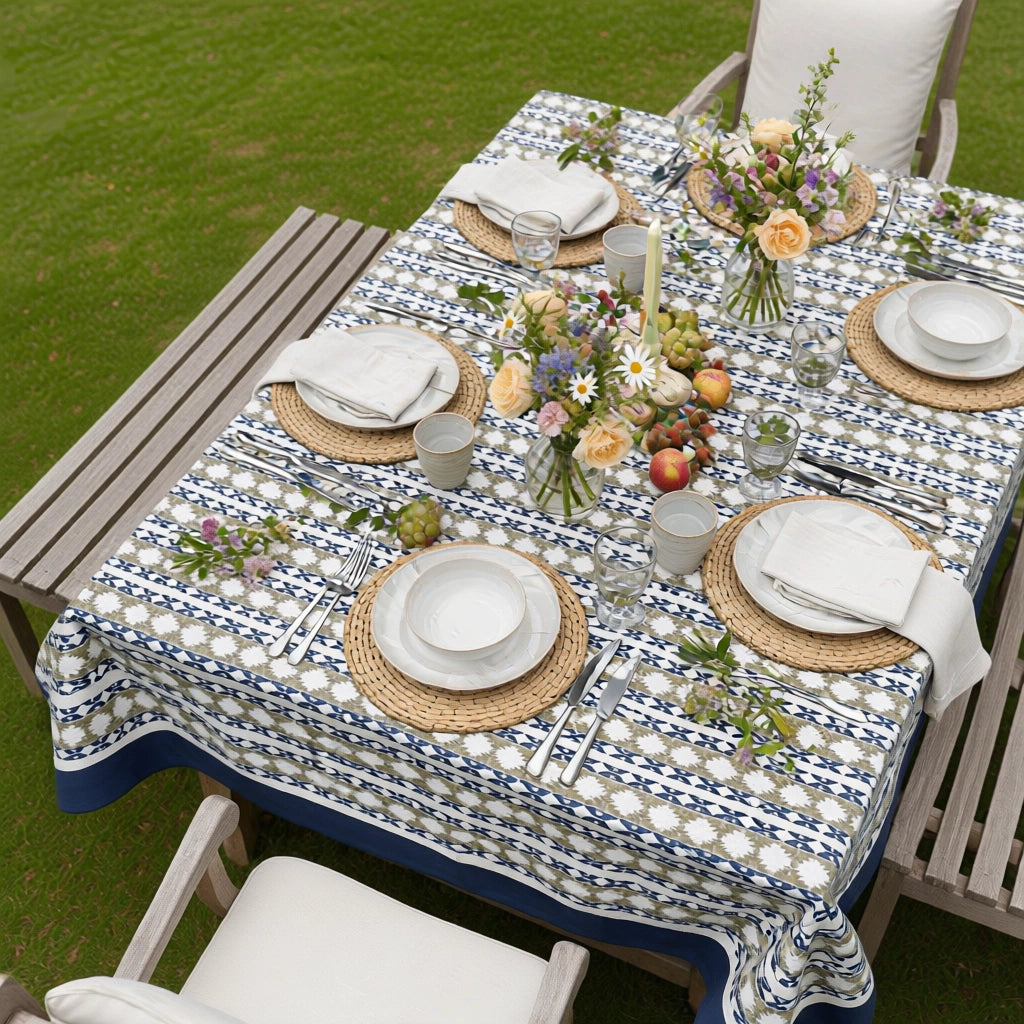 12 Seater Tablecloth ‚ 180x340 cms | Nordic Blue Greystone Stripe 202527