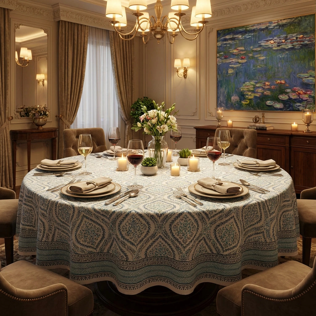 Round Table Linen Size Ogee Cerulean Blue