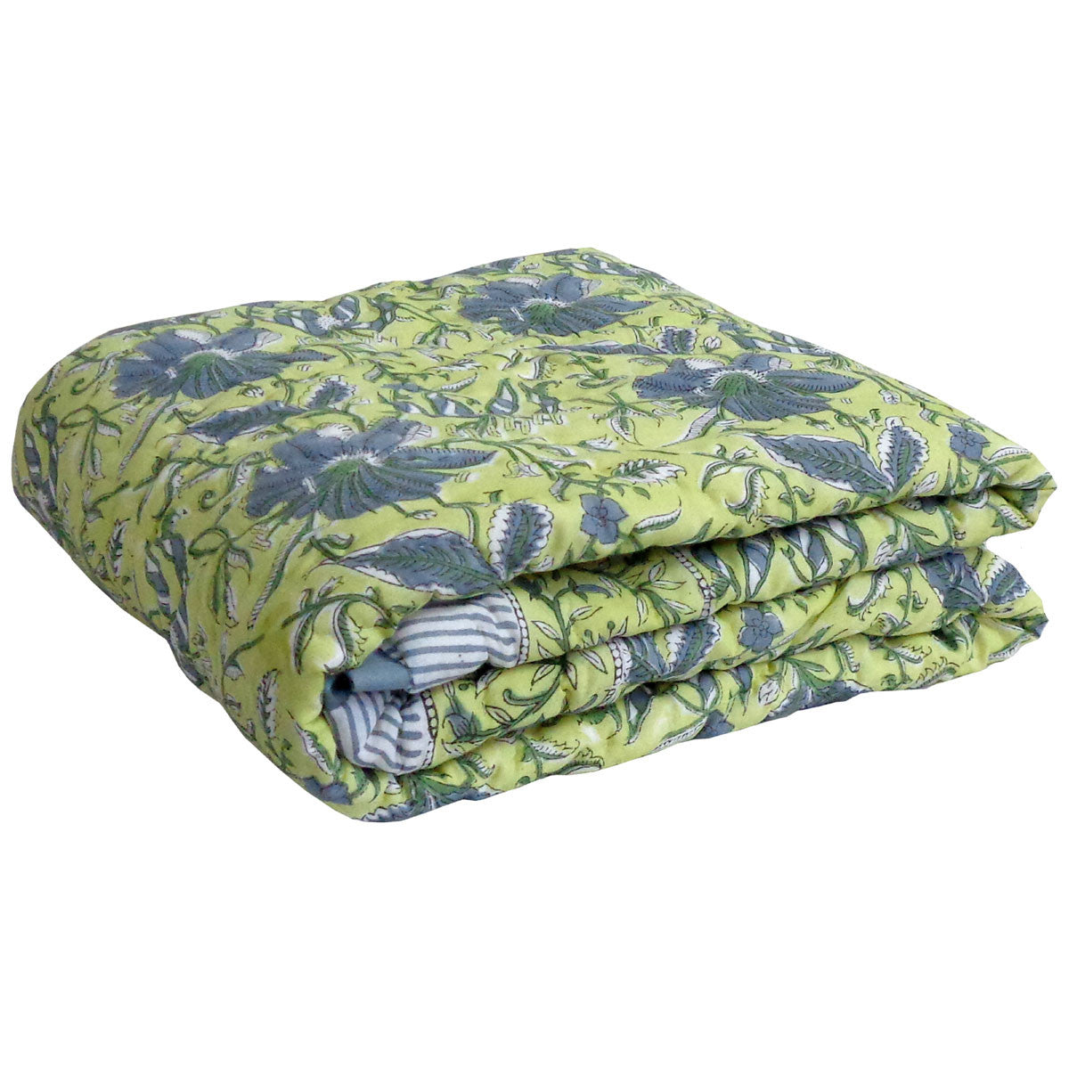 A folded quilted blanket featuring a lime green background with a blue-gray floral and leaf pattern, with a striped fabric lining visible at the rolled edge, set against a plain white background.