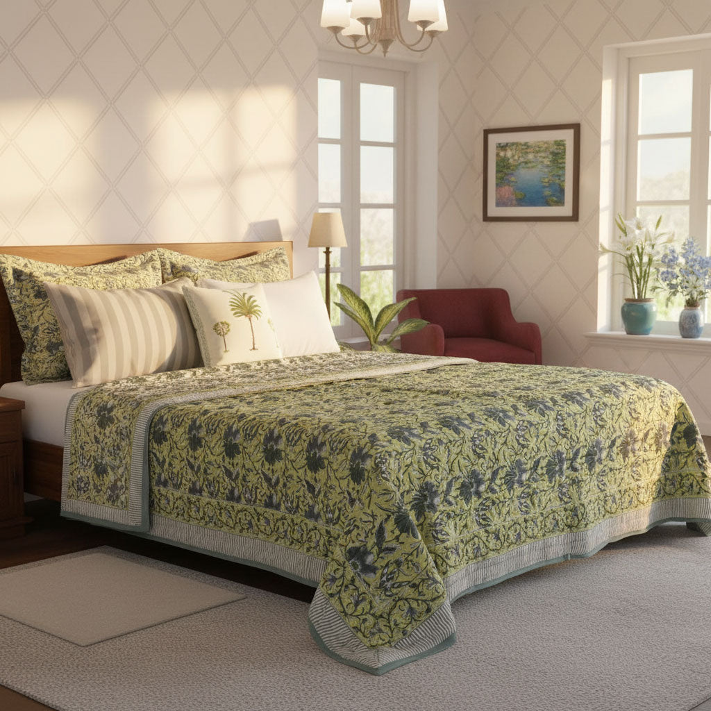 Double Bed Hand Block Printed Cotton Quilt | Olive Flower Gud 602183