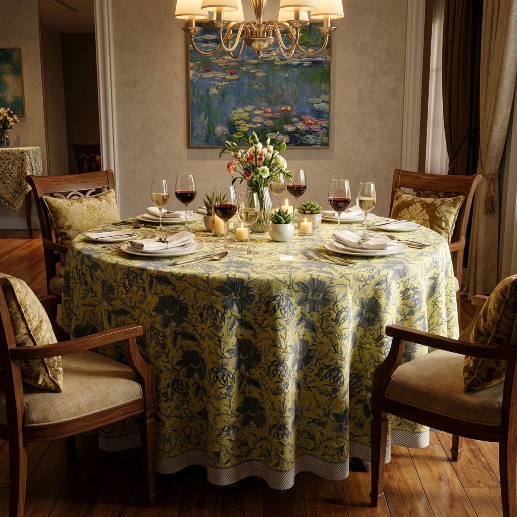 A round dining table set for six in a beautifully decorated dining room. The table is covered with a yellow and dark blue floral tablecloth, surrounded by wooden chairs with beige upholstery.