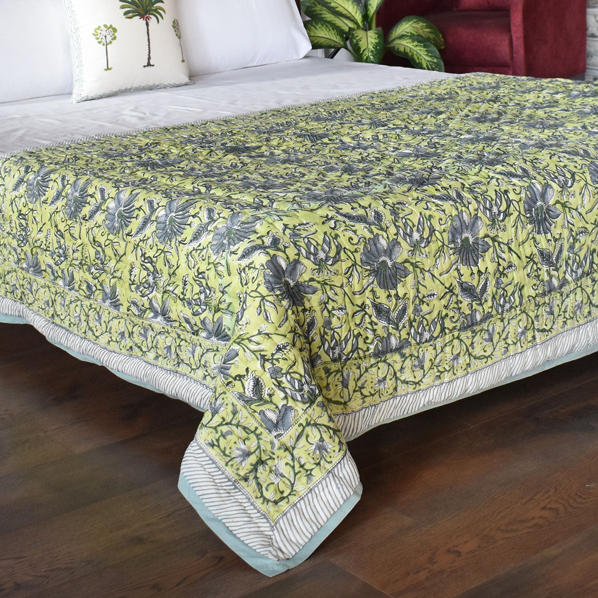 Reversible Printed Cotton Razai Single | Olive Flower Gud 602183