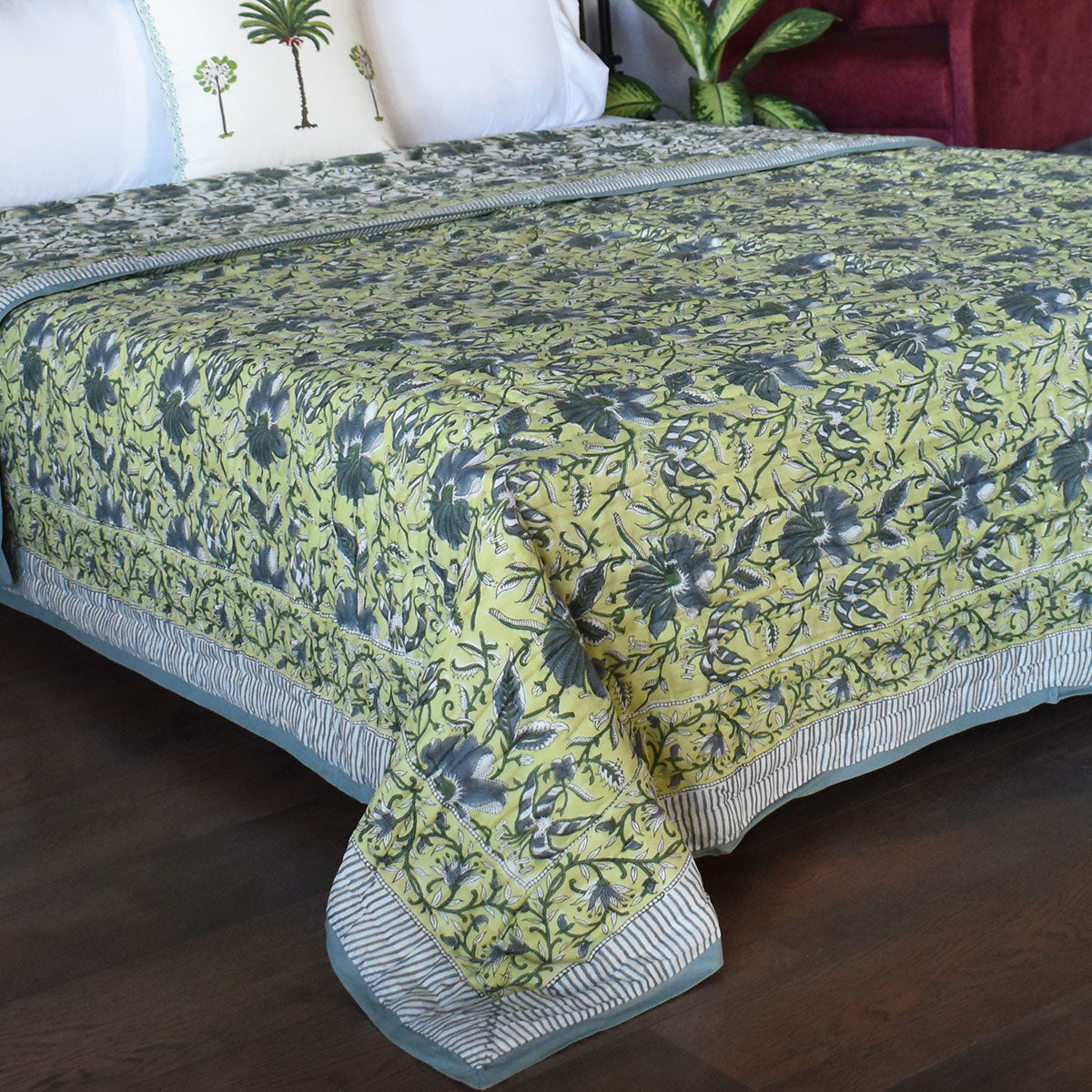 Double Bed Hand Block Printed Cotton Quilt | Olive Flower Gud 602183