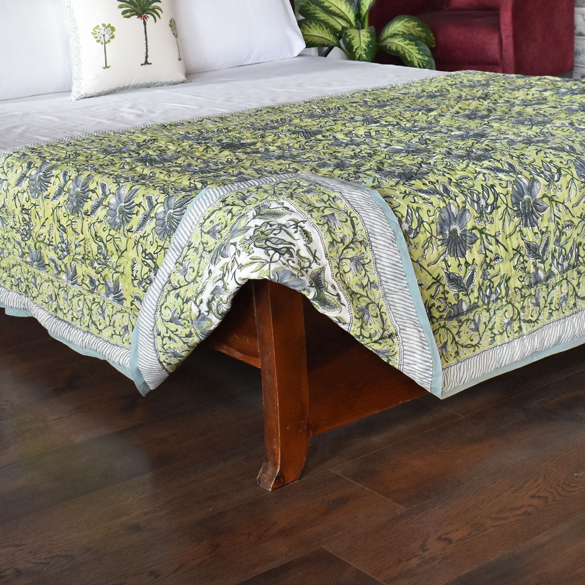 Reversible Printed Cotton Razai Single | Olive Flower Gud 602183