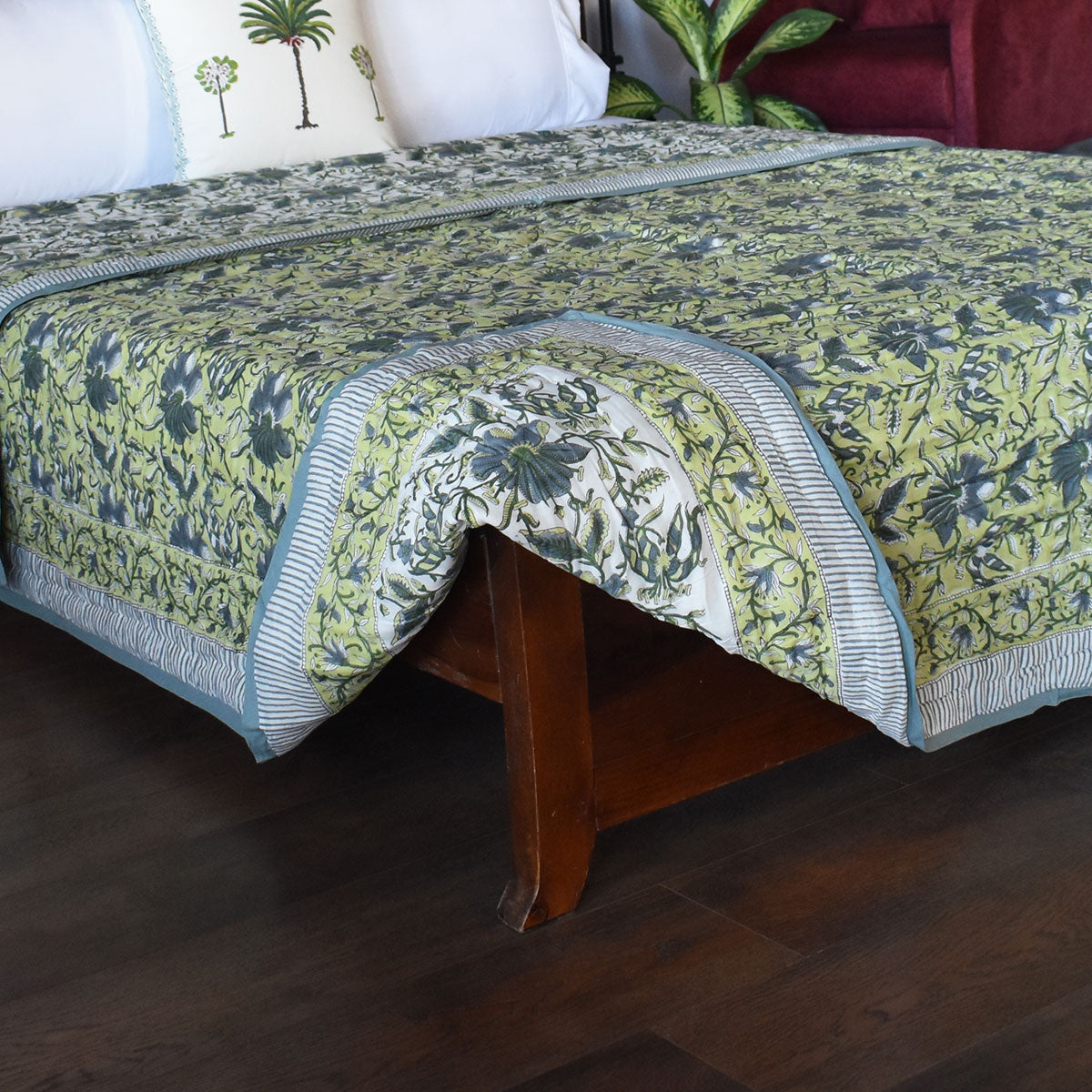Double Bed Hand Block Printed Cotton Quilt | Olive Flower Gud 602183