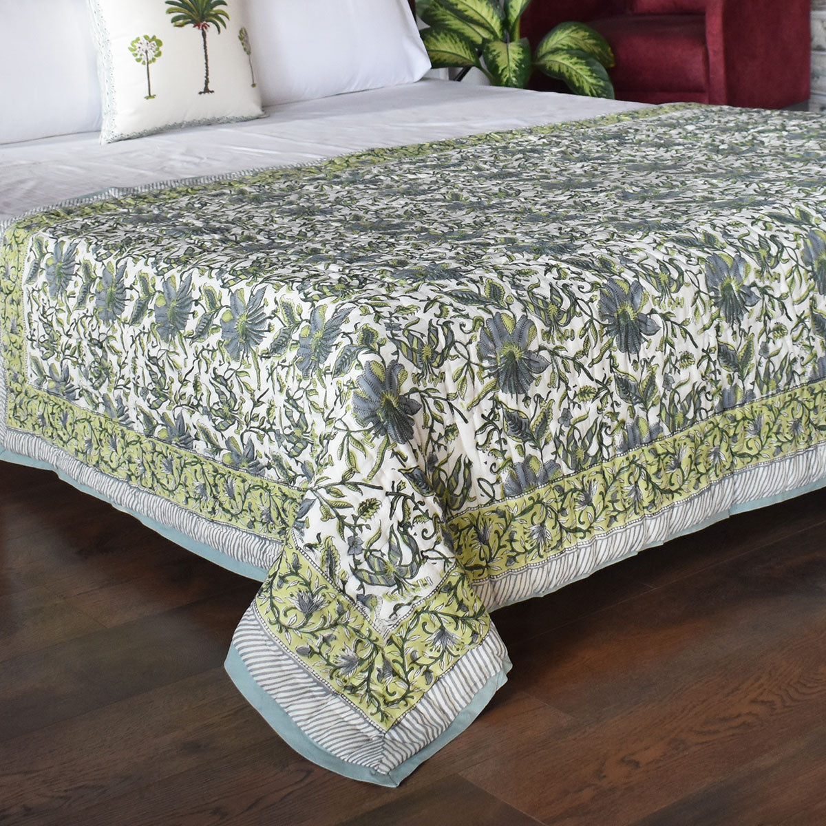 Reversible Printed Cotton Razai Single | Olive Flower Gud 602183