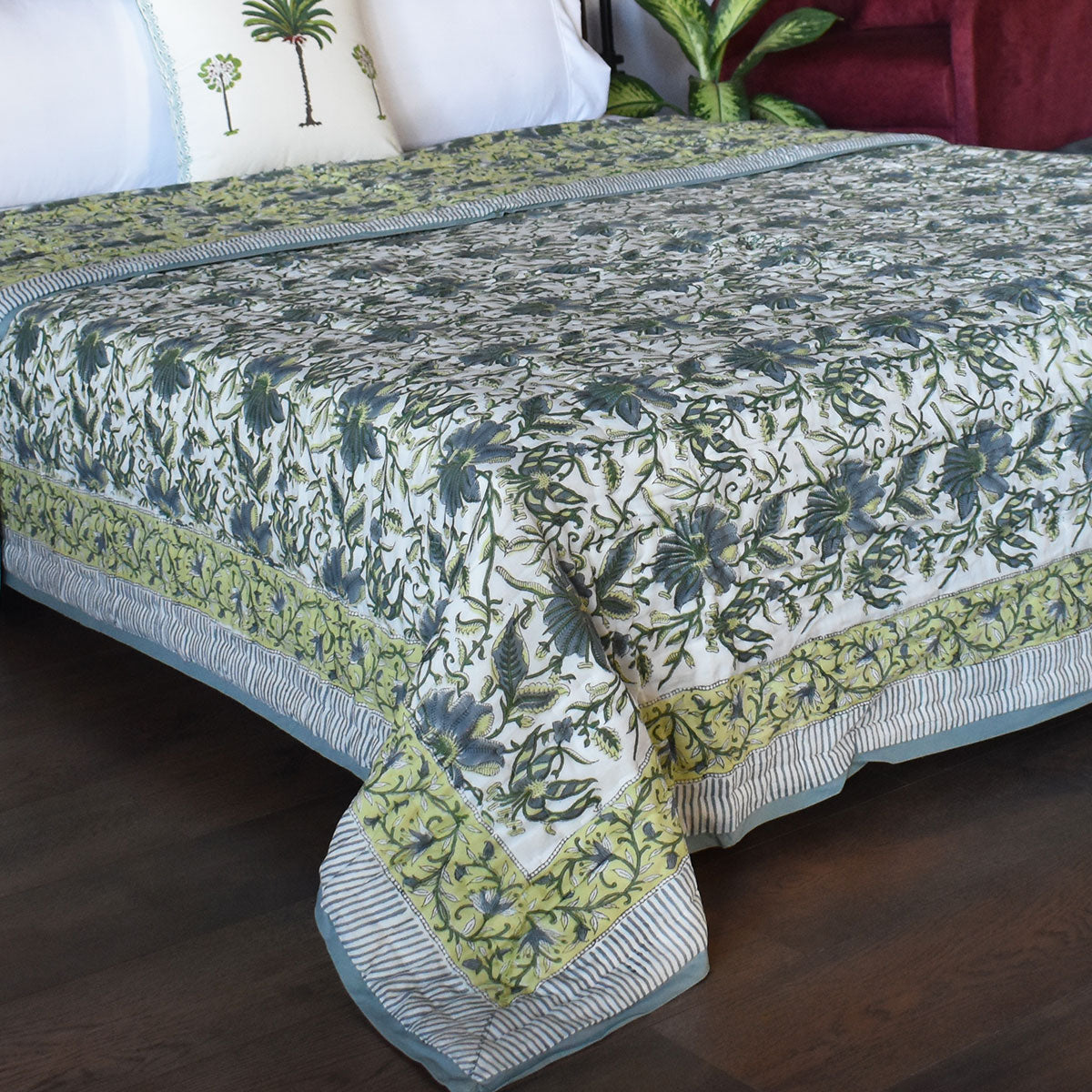 Double Bed Hand Block Printed Cotton Quilt | Olive Flower Gud 602183