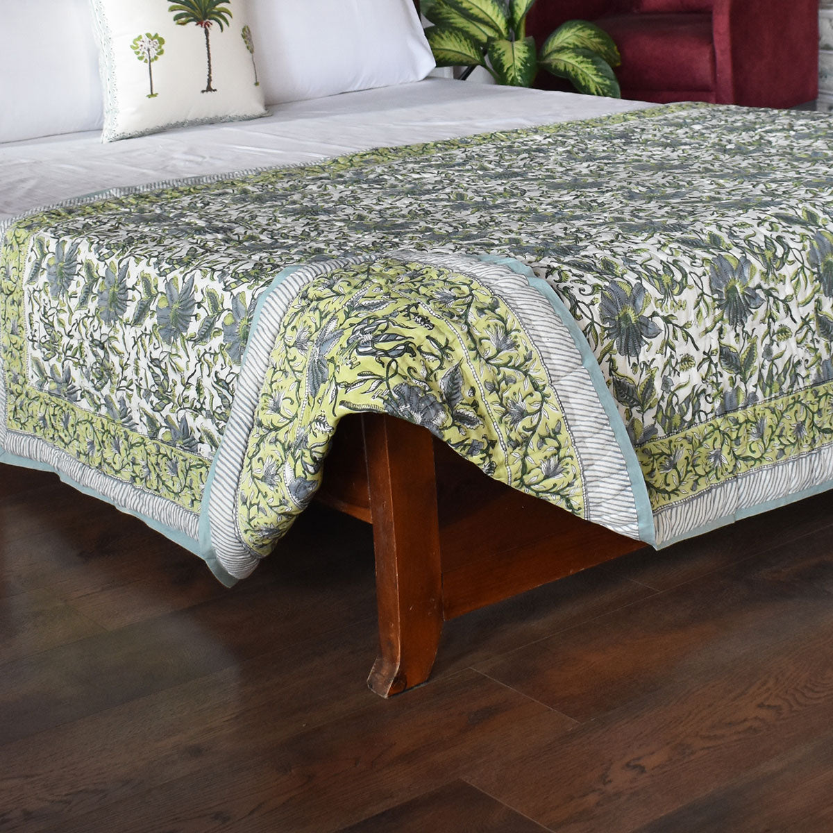 Reversible Printed Cotton Razai Single | Olive Flower Gud 602183