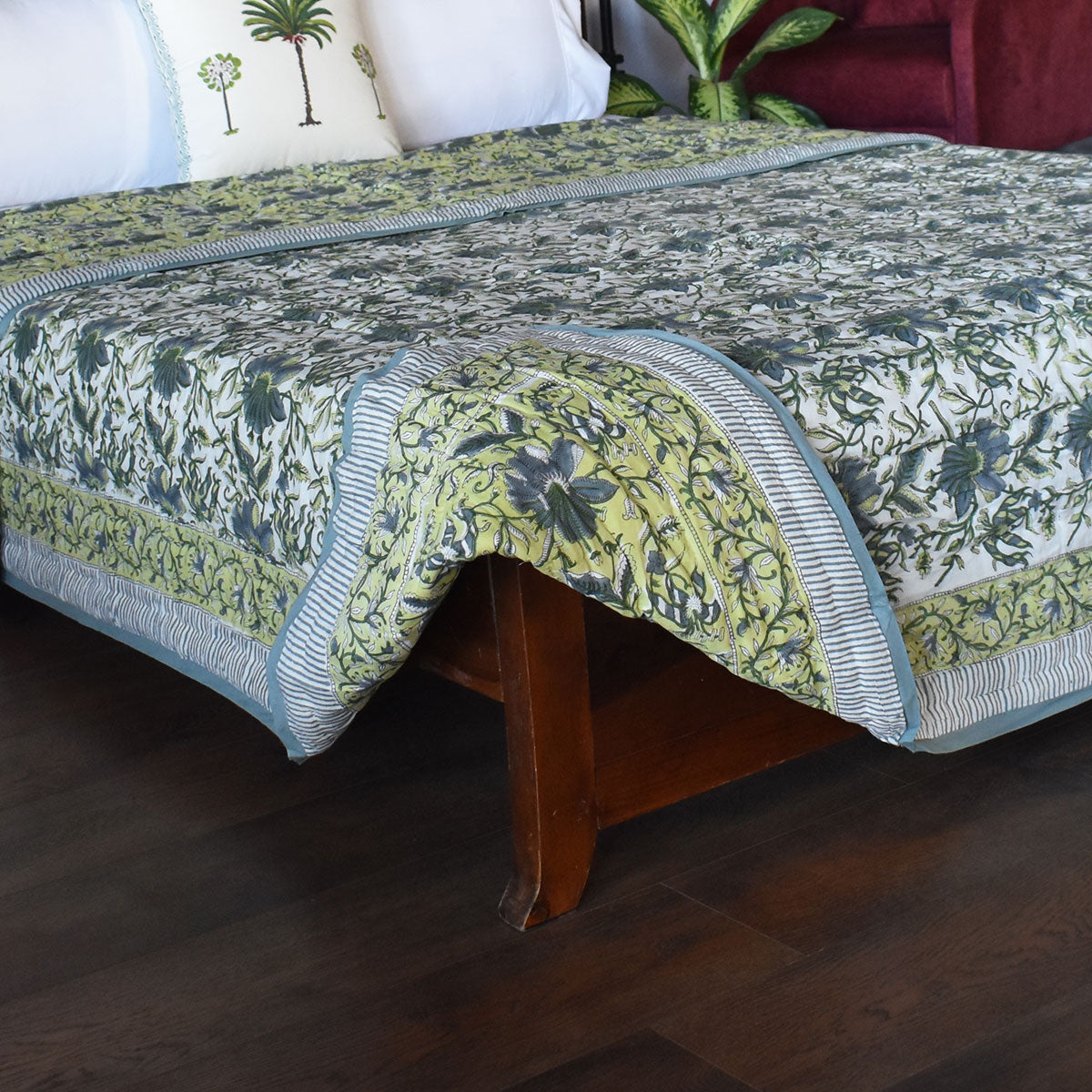 Double Bed Hand Block Printed Cotton Quilt | Olive Flower Gud 602183