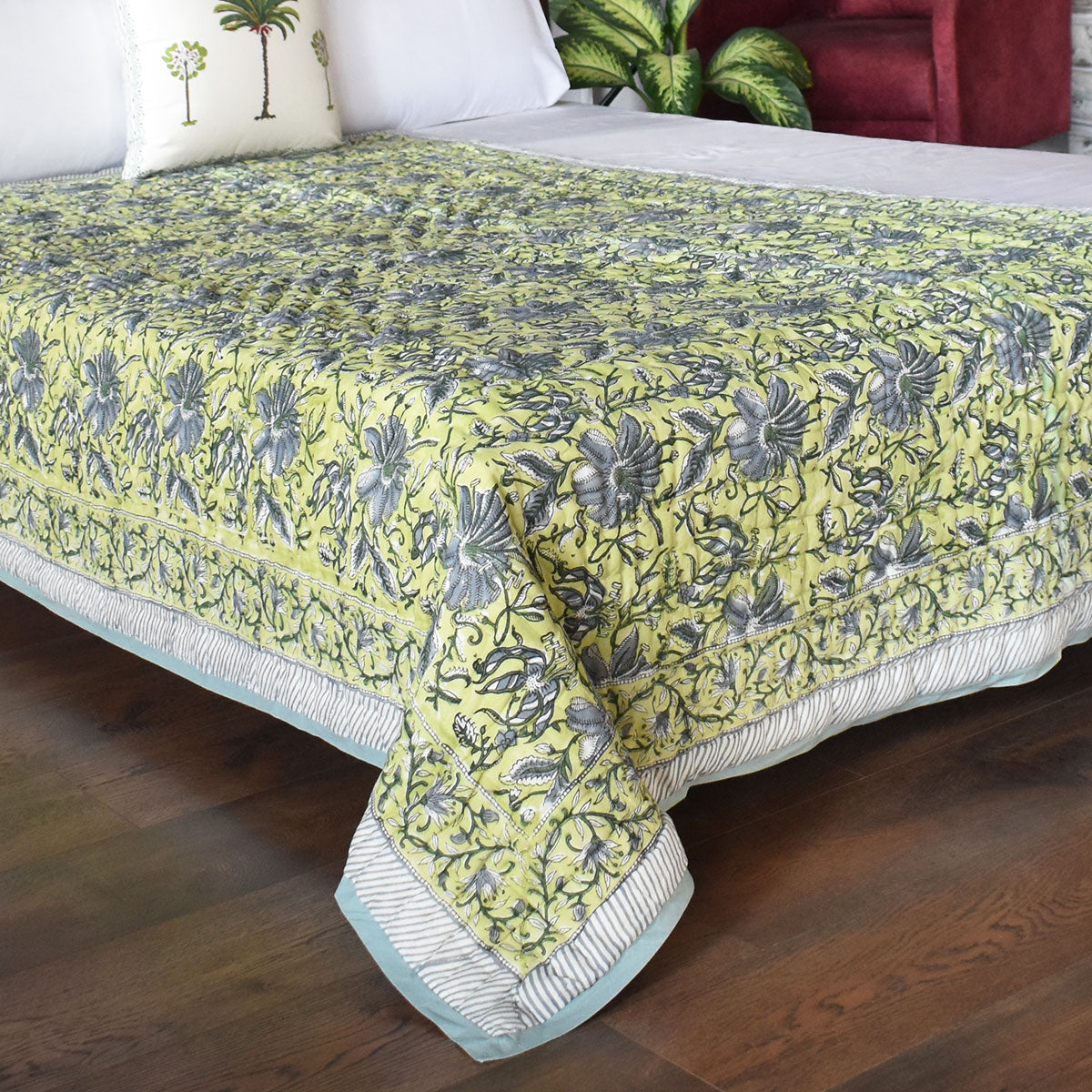 Reversible Printed Cotton Razai Single | Olive Flower Gud 602183
