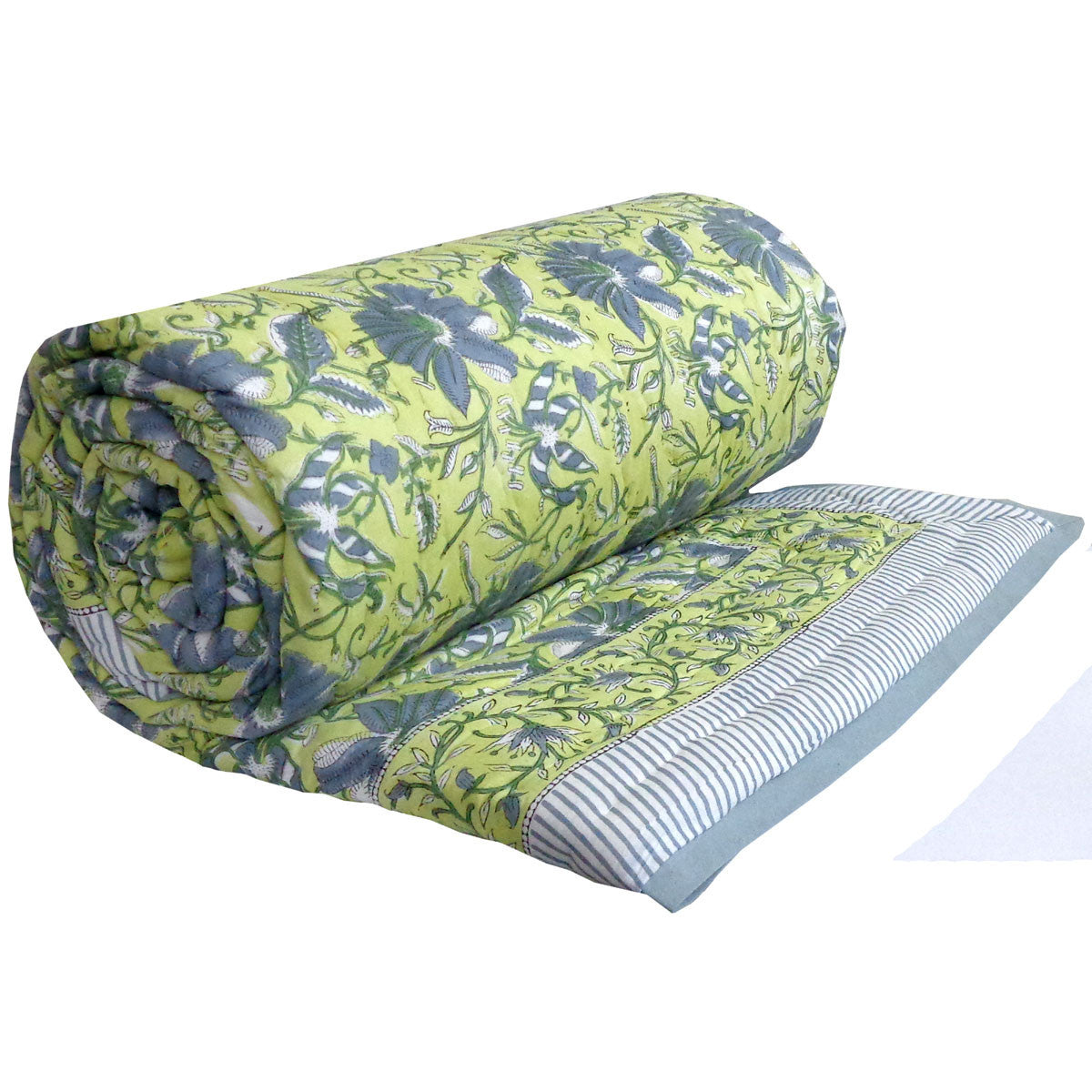 Double Bed Hand Block Printed Cotton Quilt | Olive Flower Gud 602183