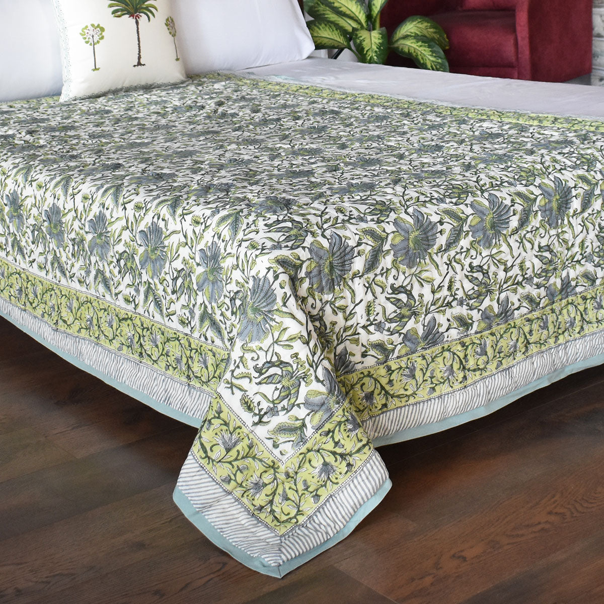 Reversible Printed Cotton Razai Single | Olive Flower Gud 602183