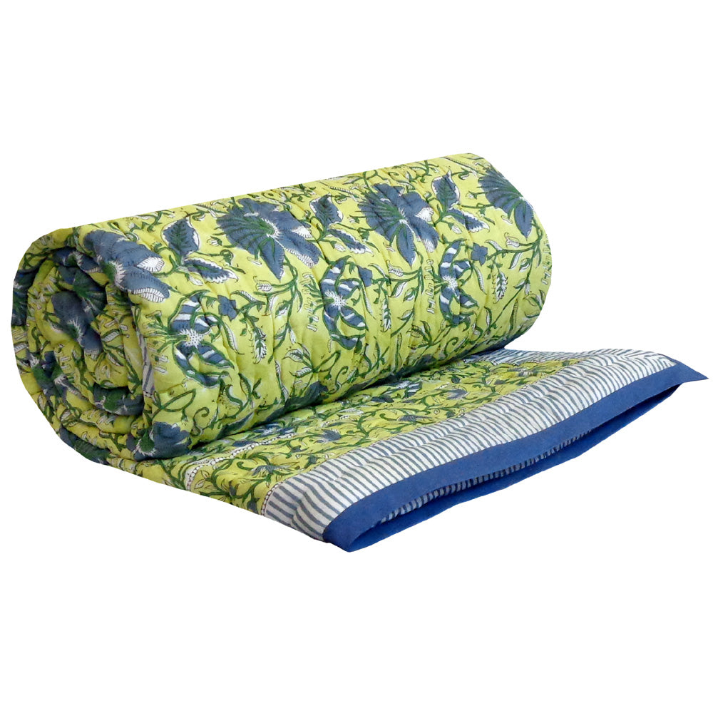Reversible Printed Cotton Razai Single | Olive Flower Gud 602183