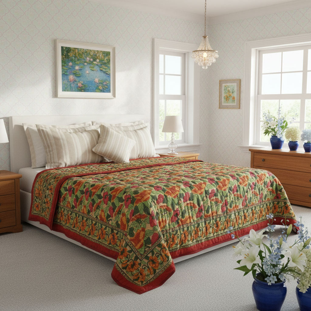 •	Hand Block Printed Bedding King Quilt | Orange Patti 509089