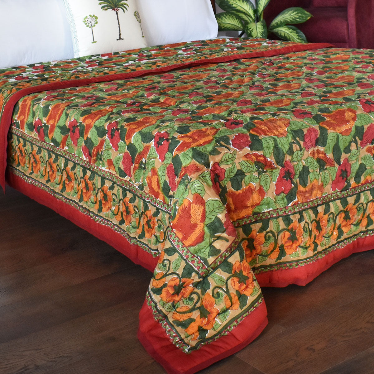 •	Hand Block Printed Bedding King Quilt | Orange Patti 509089