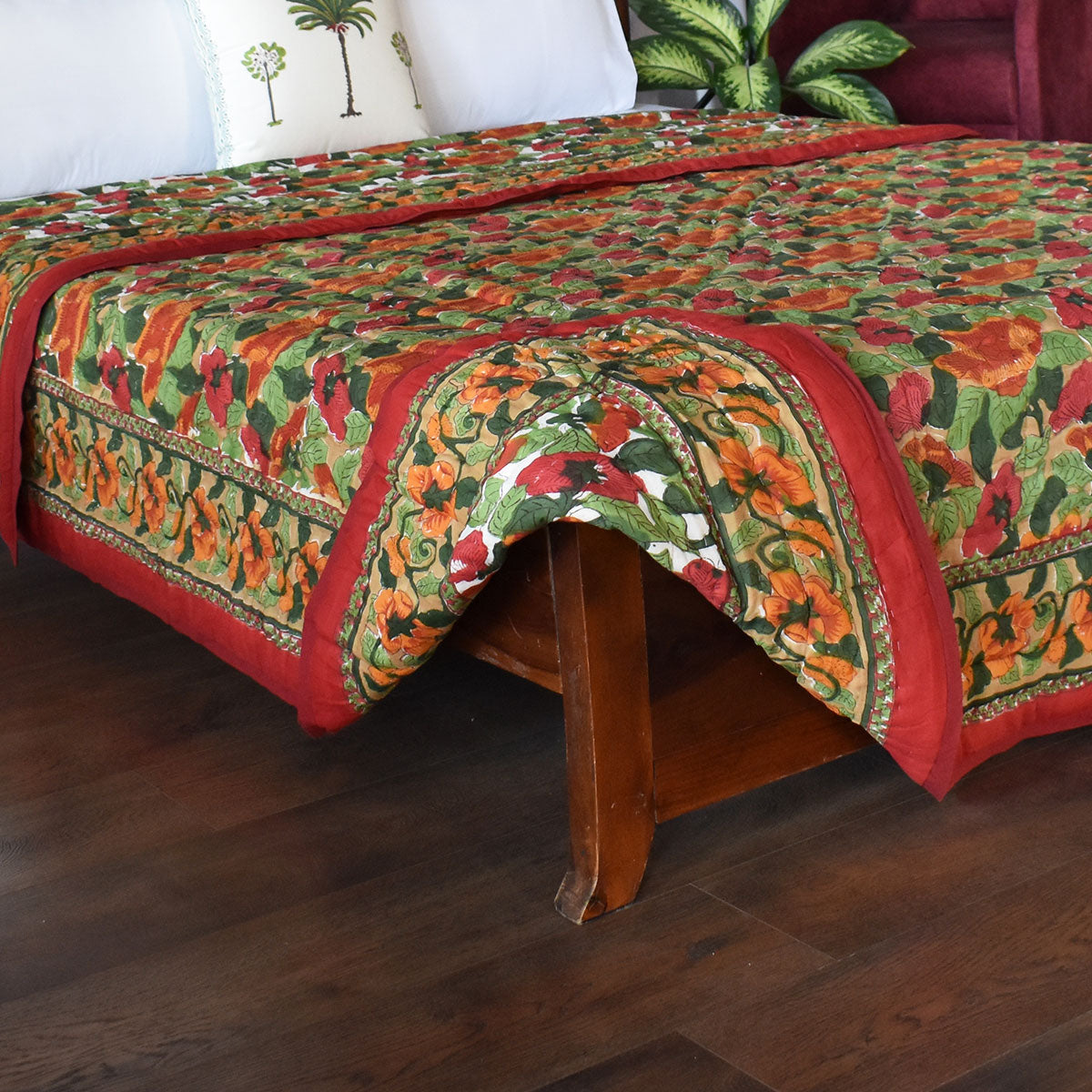 •	Hand Block Printed Bedding King Quilt | Orange Patti 509089