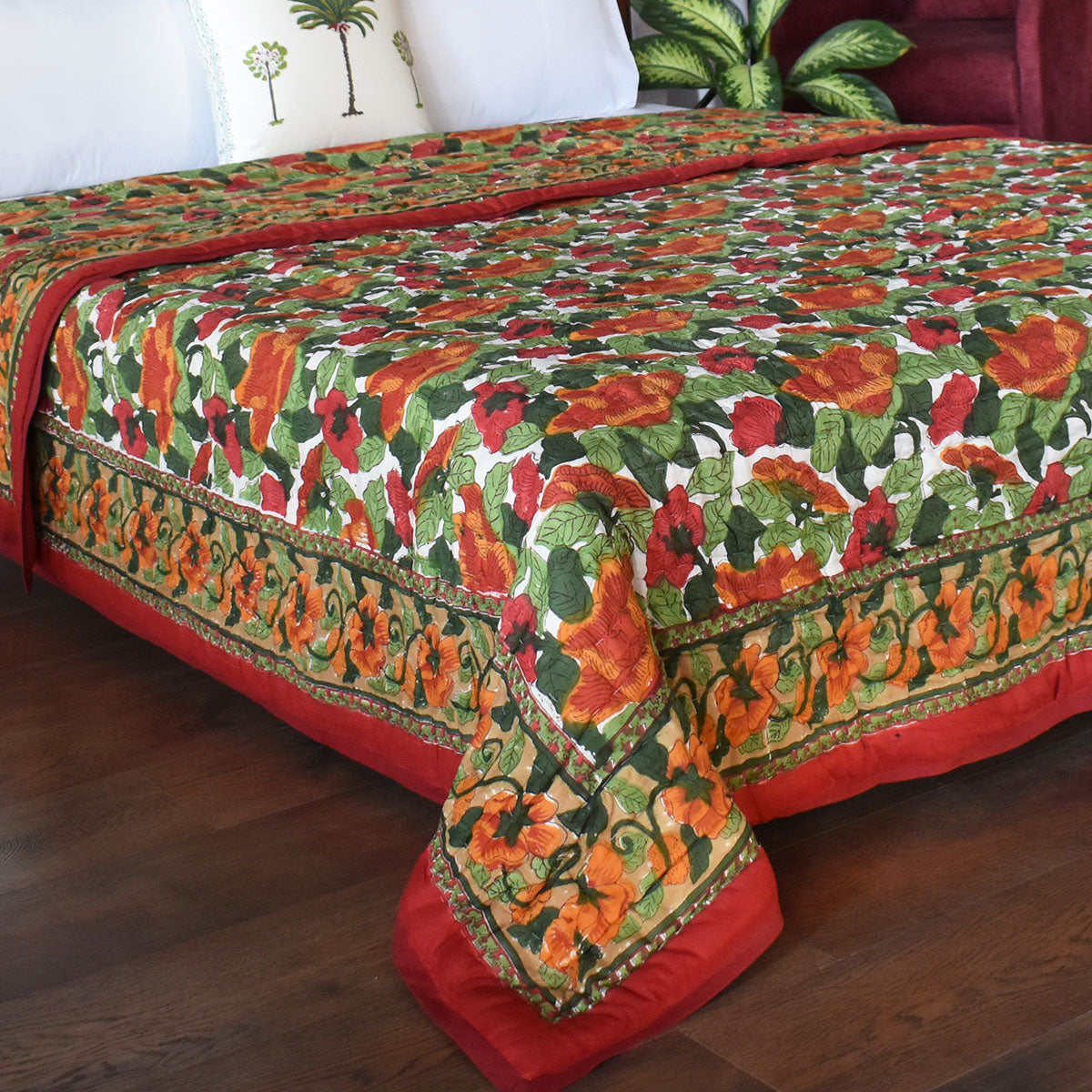 •	Hand Block Printed Bedding King Quilt | Orange Patti 509089