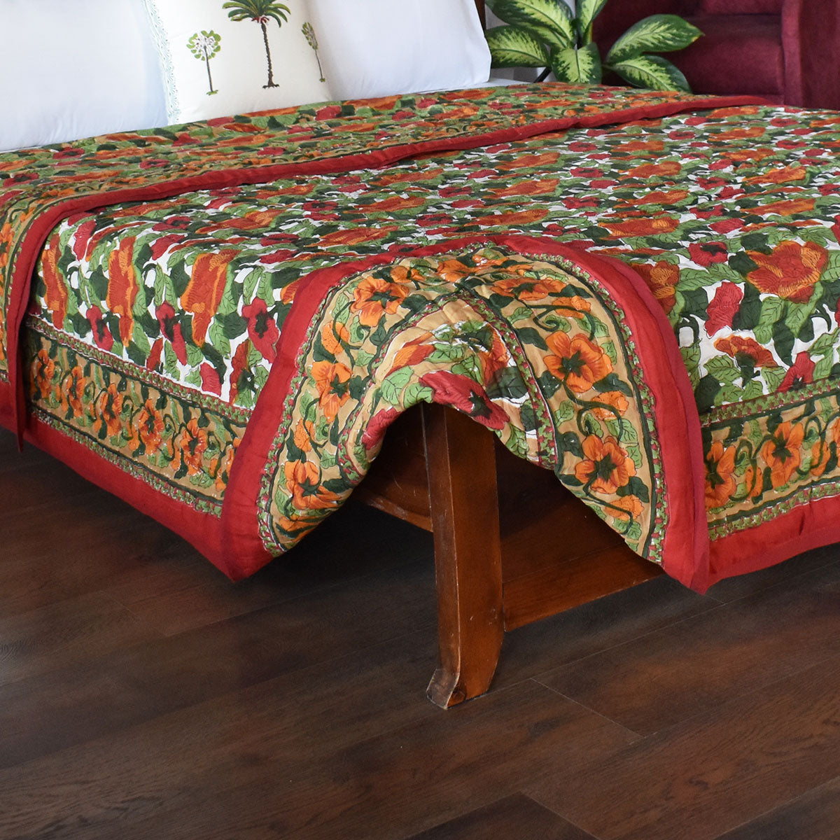 •	Hand Block Printed Bedding King Quilt | Orange Patti 509089
