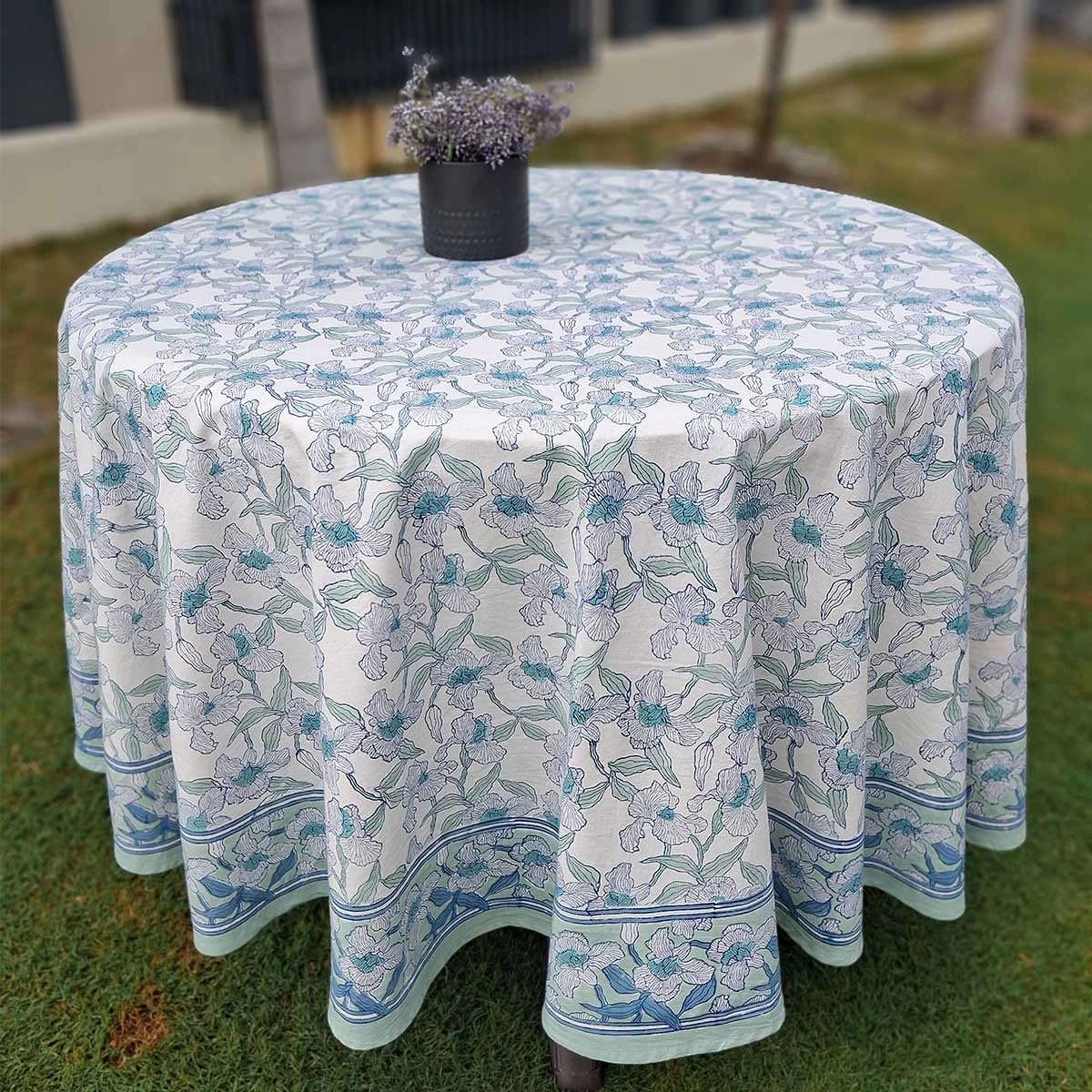 Hand Block Printed Round Tablecloth 60 Inch Orchid Aqua Open