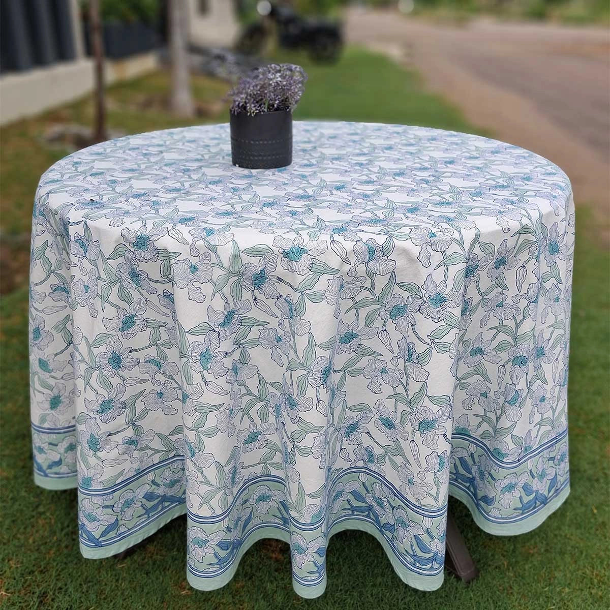 Hand Block Printed Round Tablecloth 60 Inch Orchid Aqua Open