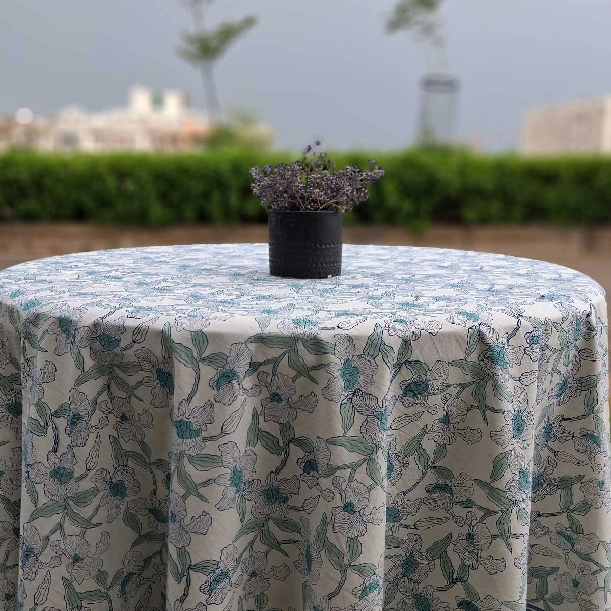 Hand Block Printed Round Tablecloth 60 Inch Orchid Aqua Open