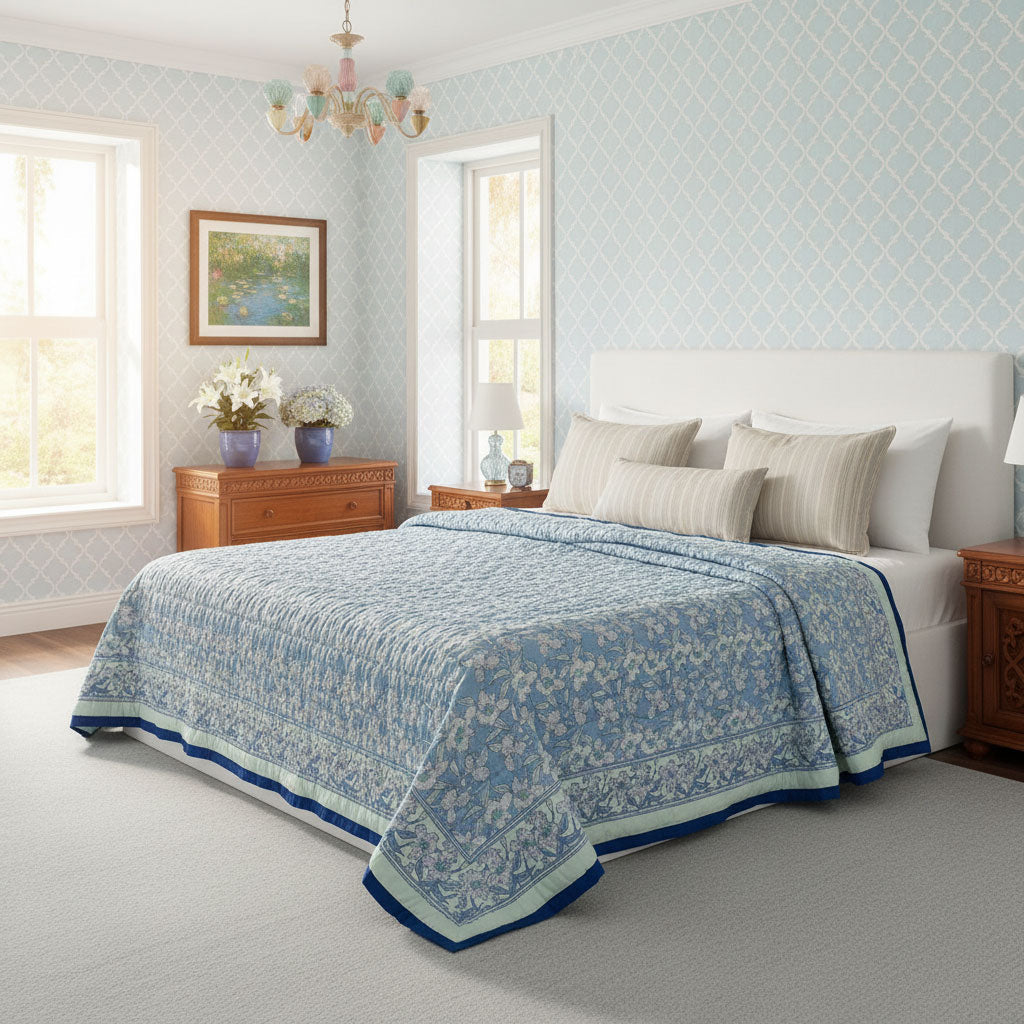 A light blue and white patterned quilted bedspread with matching shams and striped pillows, styled on a bed in a bright, modern bedroom with light blue patterned wallpaper and wooden nightstands.