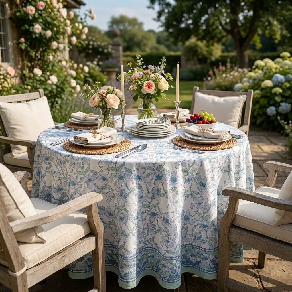 A round outdoor dining table set with a light blue and white floral tablecloth, white plates, woven placemats, candles, and floral centerpieces, surrounded by wooden chairs in a lush garden setting.