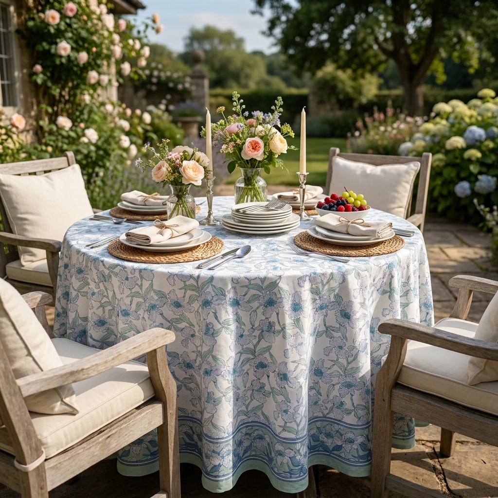A round outdoor dining table set with a light blue and white floral tablecloth, white plates, woven placemats, candles, and floral centerpieces, surrounded by wooden chairs in a lush garden setting.