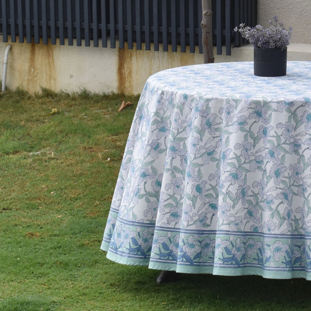 Hand Block Printed Round Tablecloth 60 Inch Orchid Aqua Open