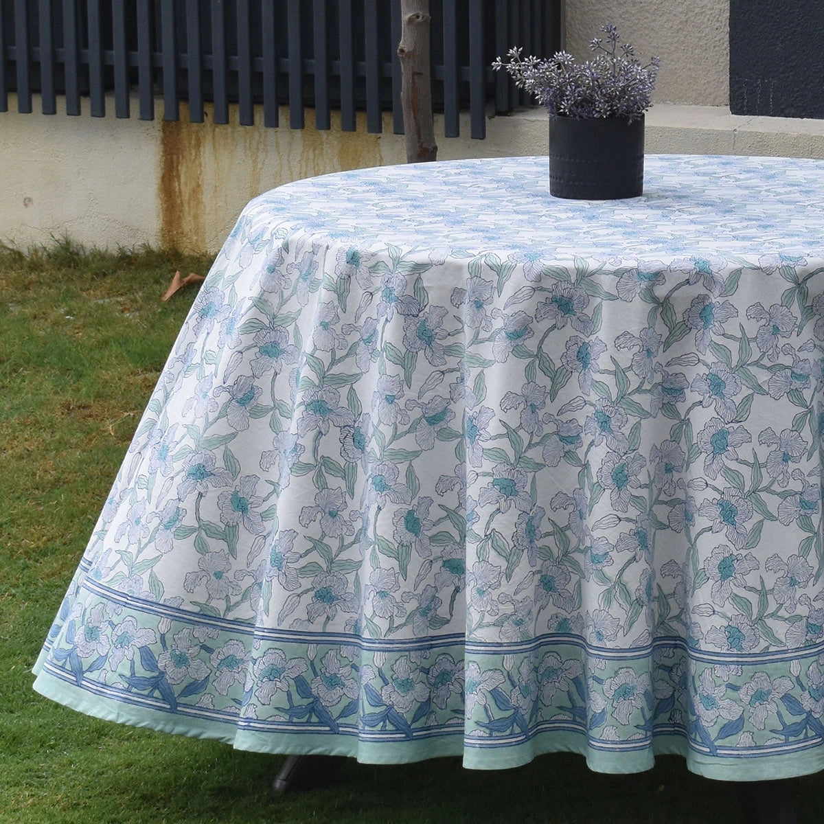 Hand Block Printed Round Tablecloth 60 Inch Orchid Aqua Open