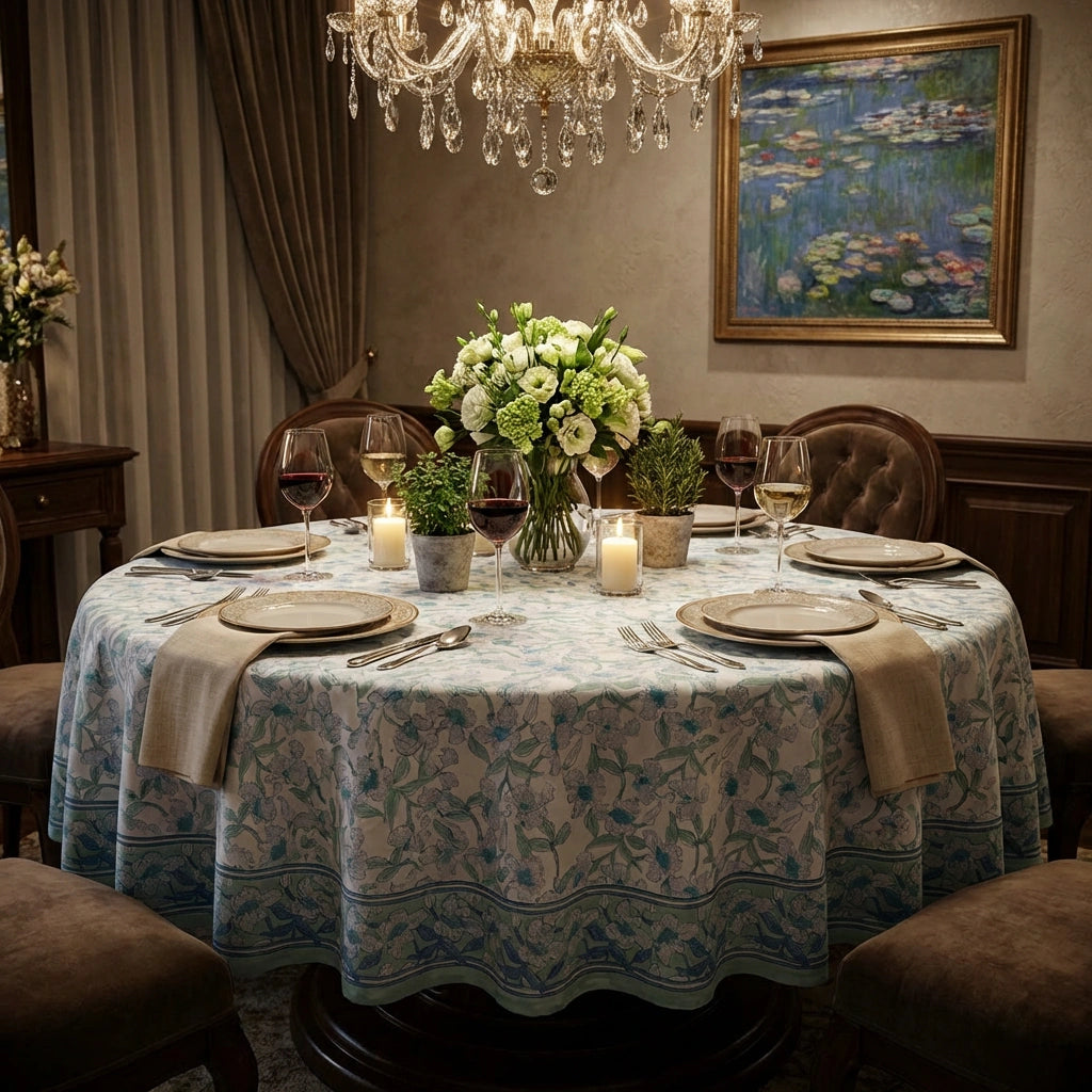 Hand Block Printed Round Tablecloth 60 Inch Orchid Aqua Open