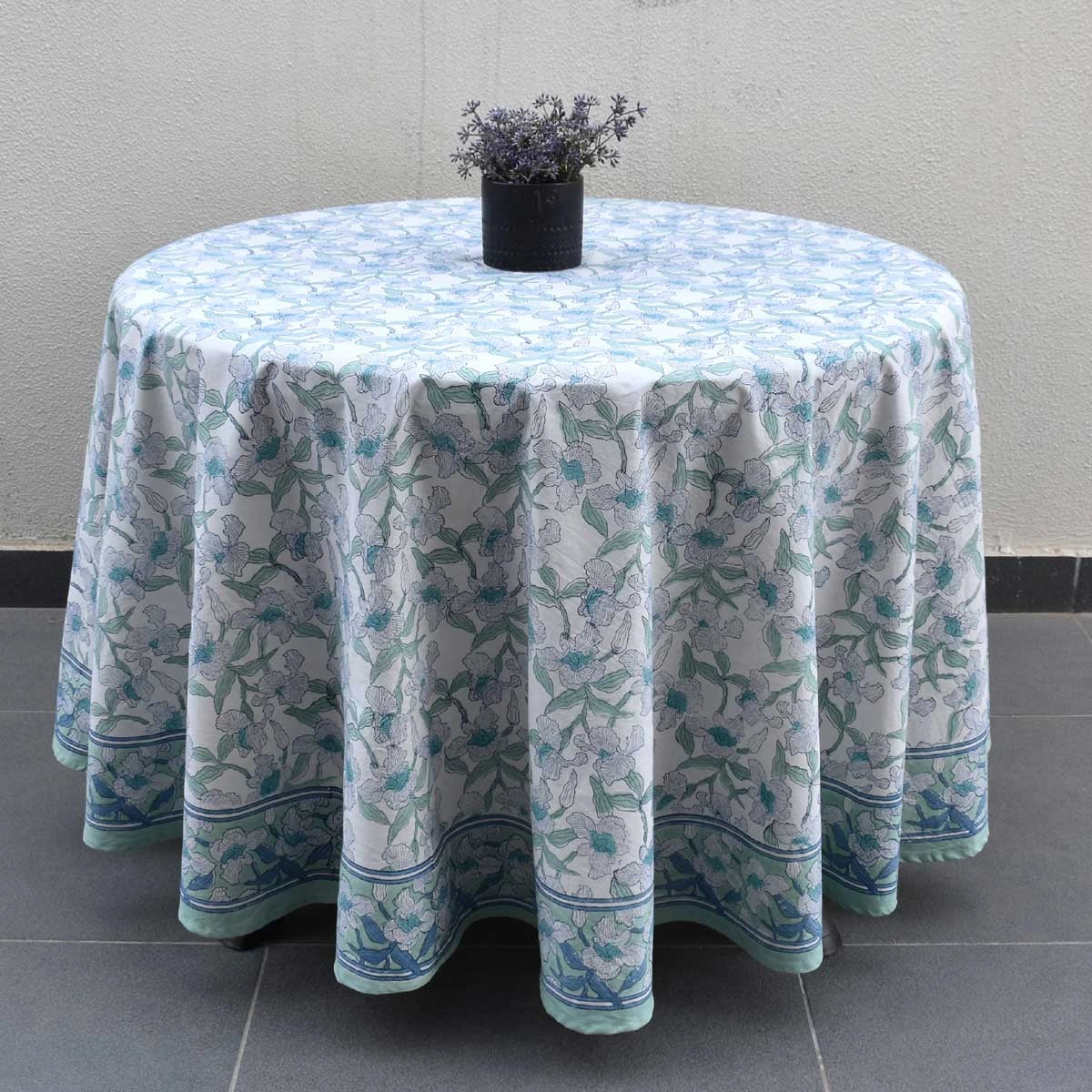 Hand Block Printed Round Tablecloth 60 Inch Orchid Aqua Open