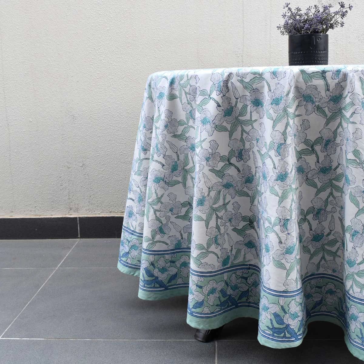 Hand Block Printed Round Tablecloth 60 Inch Orchid Aqua Open